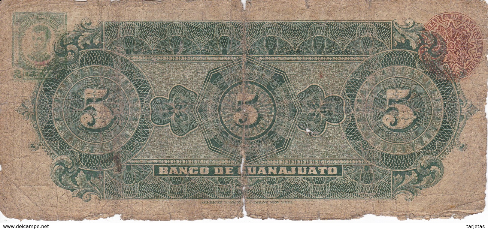 BILLETE DE MEXICO DE 5 PESOS DEL 19 DE SEPTIEMBRE DEL AÑO 1907  (BANKNOTE) MUY RARO - Mexique