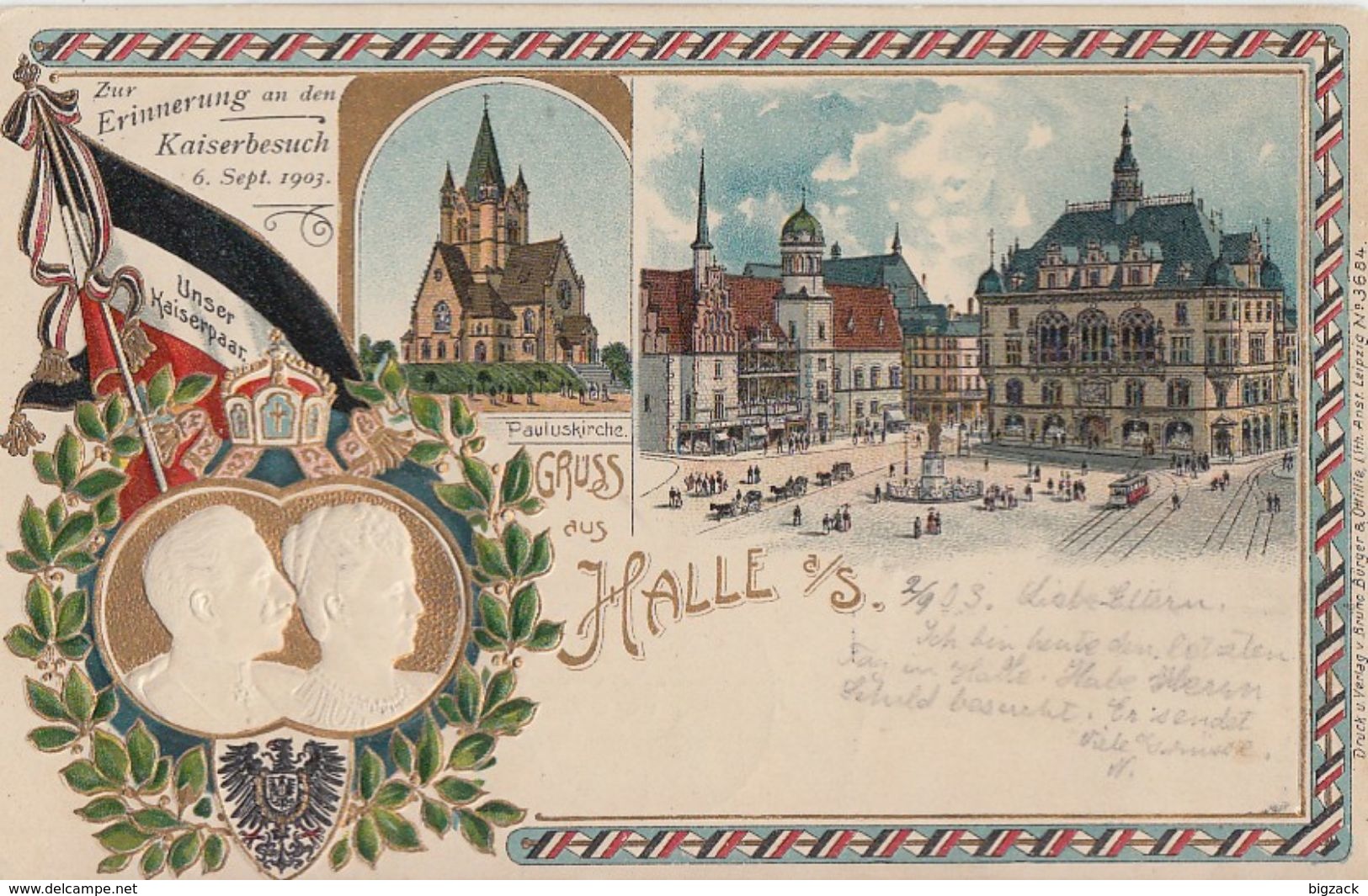 Prägekarte Zur Erinnerung An Den Kaiserbesuch 6.9.03 Flaggenstempel - Halle (Saale)
