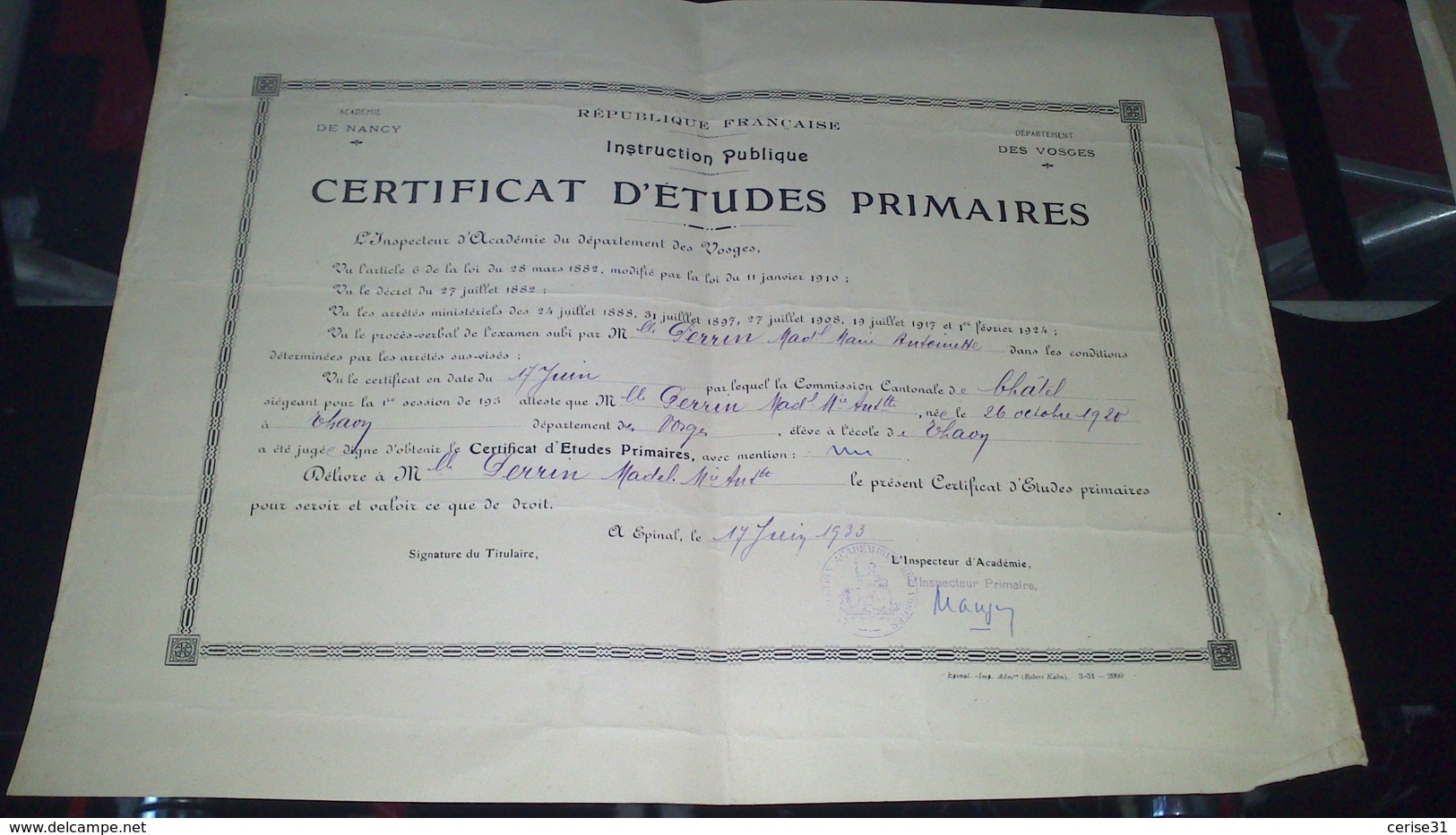 Diplôme - CERTIFICAT D'ETUDES PRIMAIRES -  DE Mademoiselle PERRIN Marie Antoinette à EPINAL - Diplômes & Bulletins Scolaires