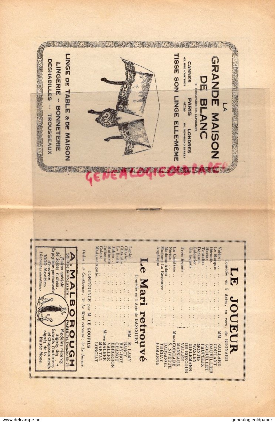 75-PARIS-PROGRAMME THEATRE NATIONAL DE L' ODEON- LE JOUEUR REGNARD-LE MARI RETROUVE -DANCOURT-MLLE BRIEY-GRUMBACH-VARGAS