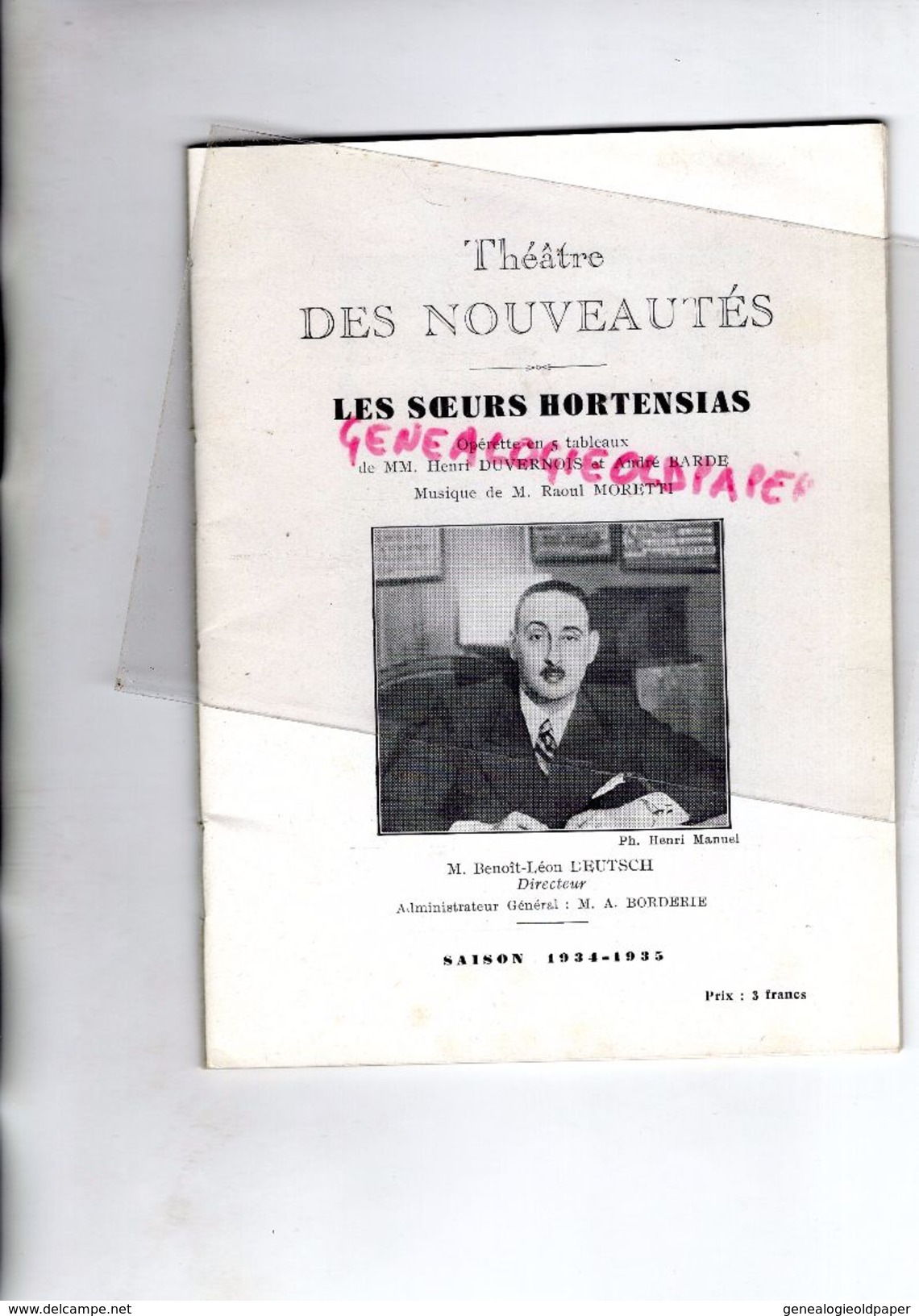 75-PARIS-PROGRAMME THEATRE DES NOUVEAUTES -LES SOEURS HORTENSIAS-HENRI DUVERNOIS-BARDE-MORETTI-DEUTSCH-1934-1935-DRANEM - Programma's