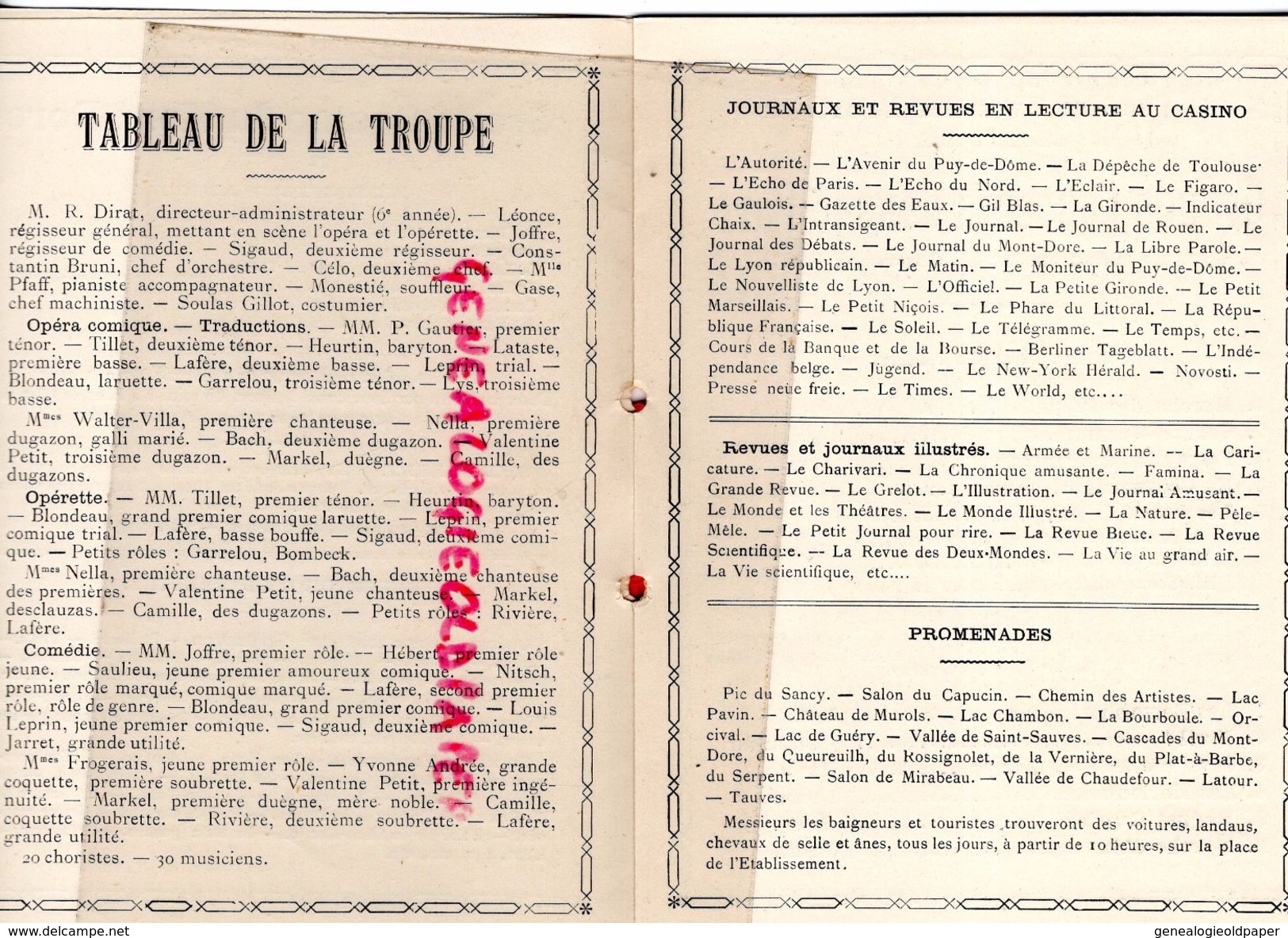 63 -PROGRAMME CASINO DU MONT DORE-17 JUIN 1901-CONCERTS DANS LE PARC-LE GENDRE DE M.POIRIER-EMILE AUGER-CONSTANTIN BRUNI - Programmes