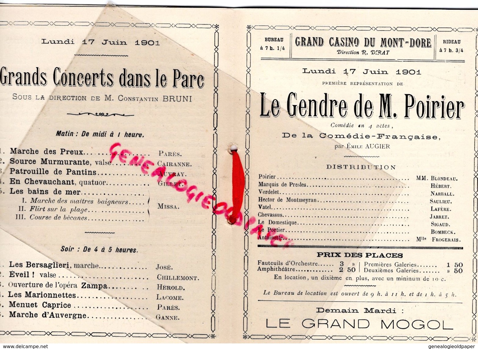 63 -PROGRAMME CASINO DU MONT DORE-17 JUIN 1901-CONCERTS DANS LE PARC-LE GENDRE DE M.POIRIER-EMILE AUGER-CONSTANTIN BRUNI - Programmes