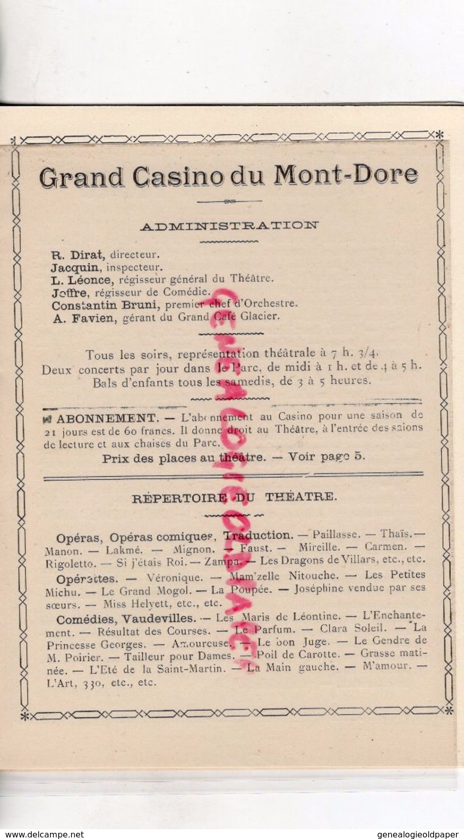 63 -PROGRAMME CASINO DU MONT DORE-17 JUIN 1901-CONCERTS DANS LE PARC-LE GENDRE DE M.POIRIER-EMILE AUGER-CONSTANTIN BRUNI