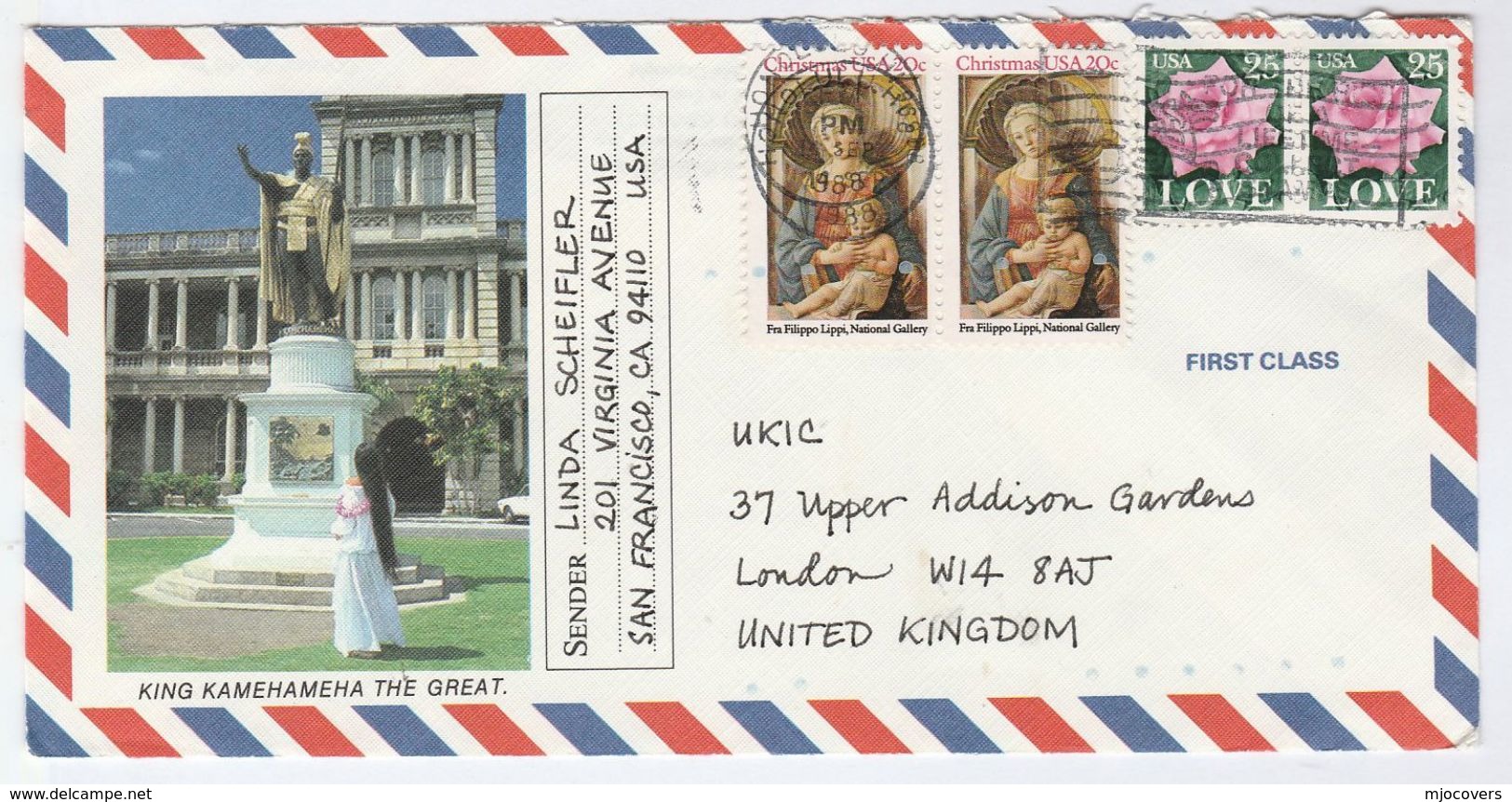 1988 HAWAII Illus AIRMAIL  COVER  Statue KING KAMEHAMEHA  Royalty  To GB  Rose Flower Christmas Stamps Roses Usa - Royalties, Royals