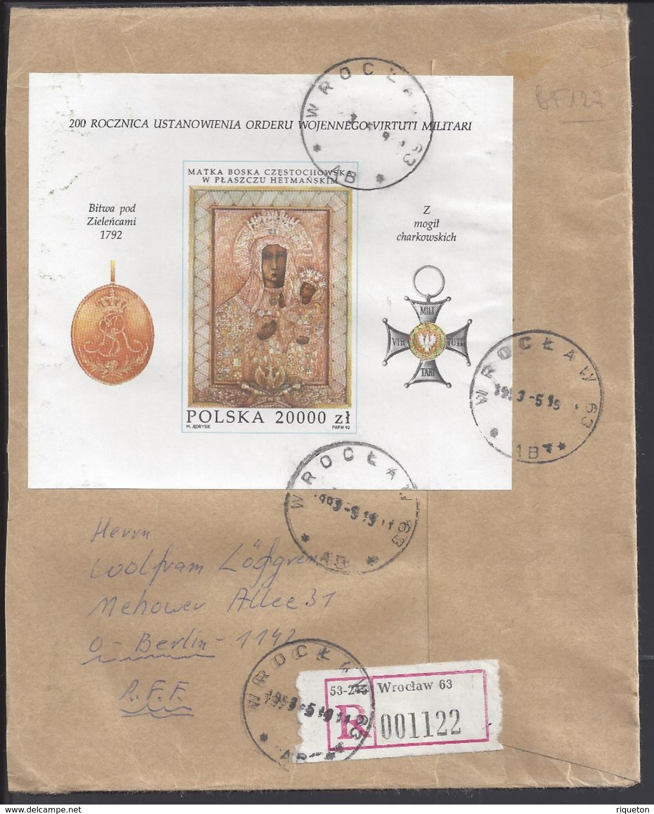 POLOGNE - 1993 - Affr. Bloc-feuillet N° 127 "Vierge De Czestochowska" Sur Enveloppe Recommandée De Wroclaw Pour Berlin - - Storia Postale