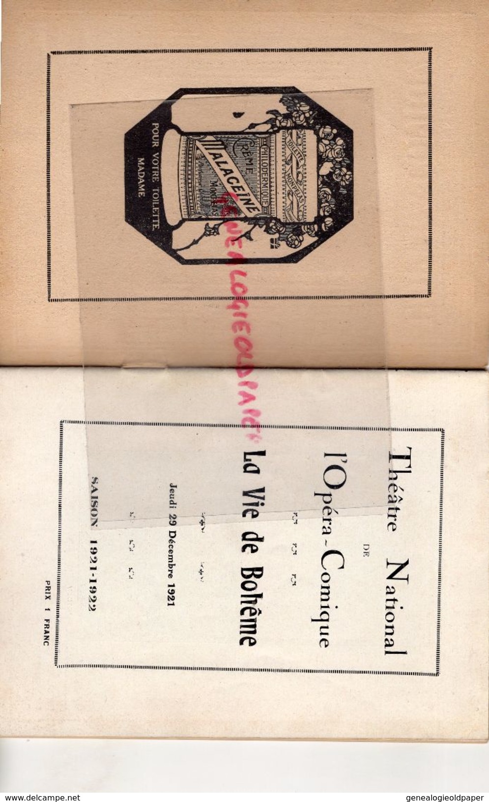 75- PARIS-PROGRAMME THEATRE OPERA COMIQUE-LA VIE DE BOHEME-29-12-1921-ROGER-TRANTOUL-SIBILLE-ALBERS-PAVLOFF-VIEUILLE- - Programas