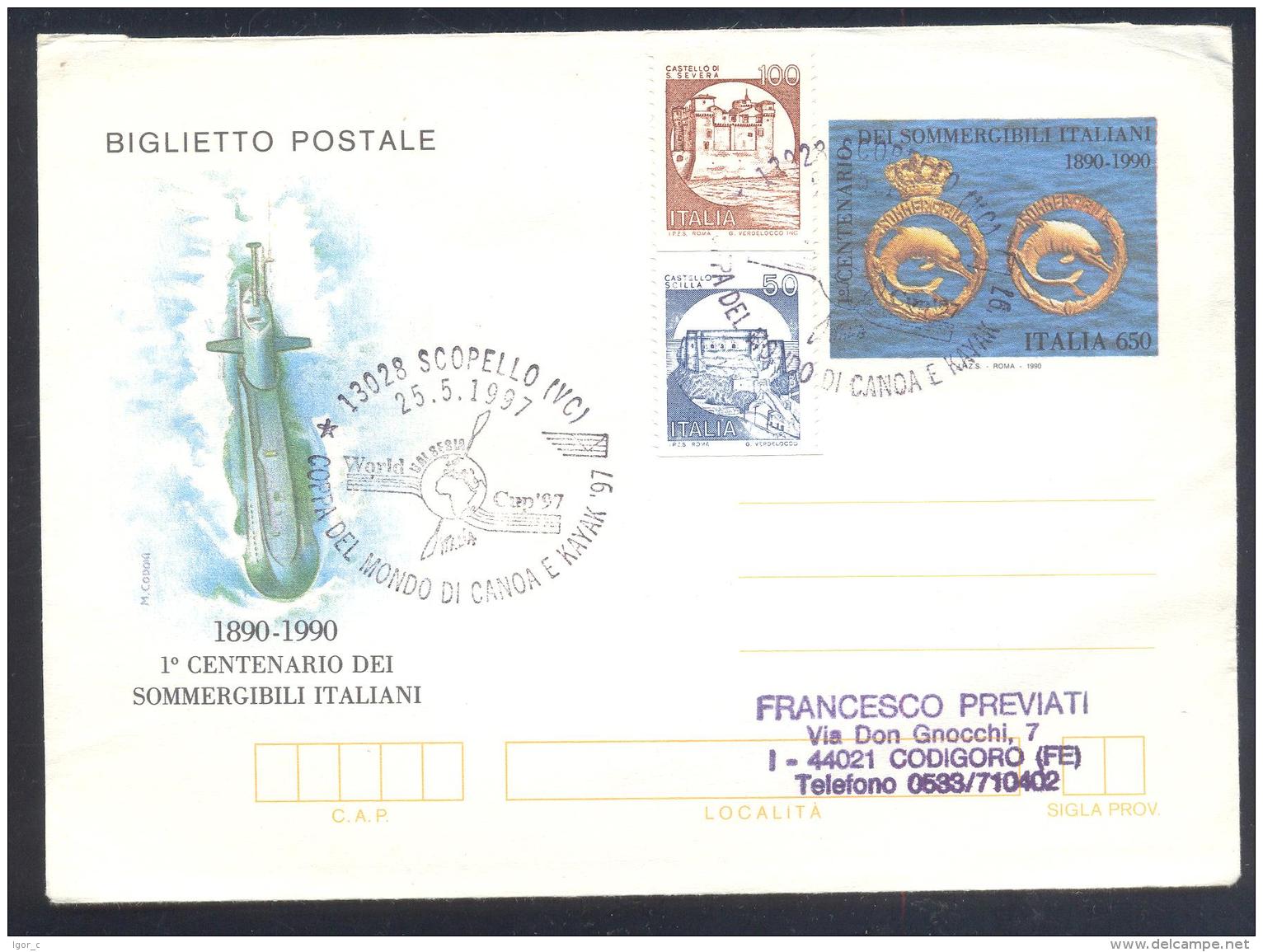 Italy 1997 PS Cover: Sport Cayak Kayak Canoe Kajak Kanu Cancellation; World Cup 1997; Submarine Dolphin - Kano