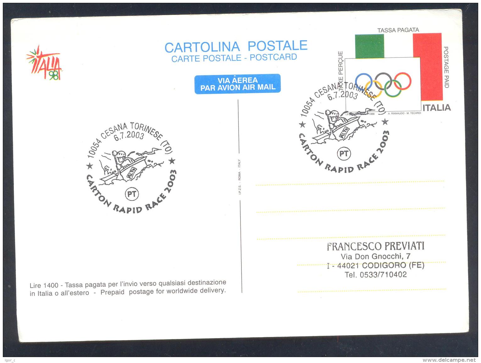 Italy 2003 Ps Card: Sport Cayak Kayak Canoe Kajak Kanu Cancellation: Carton Rapid Race 2003; Football Soccer Shooting - Kanu