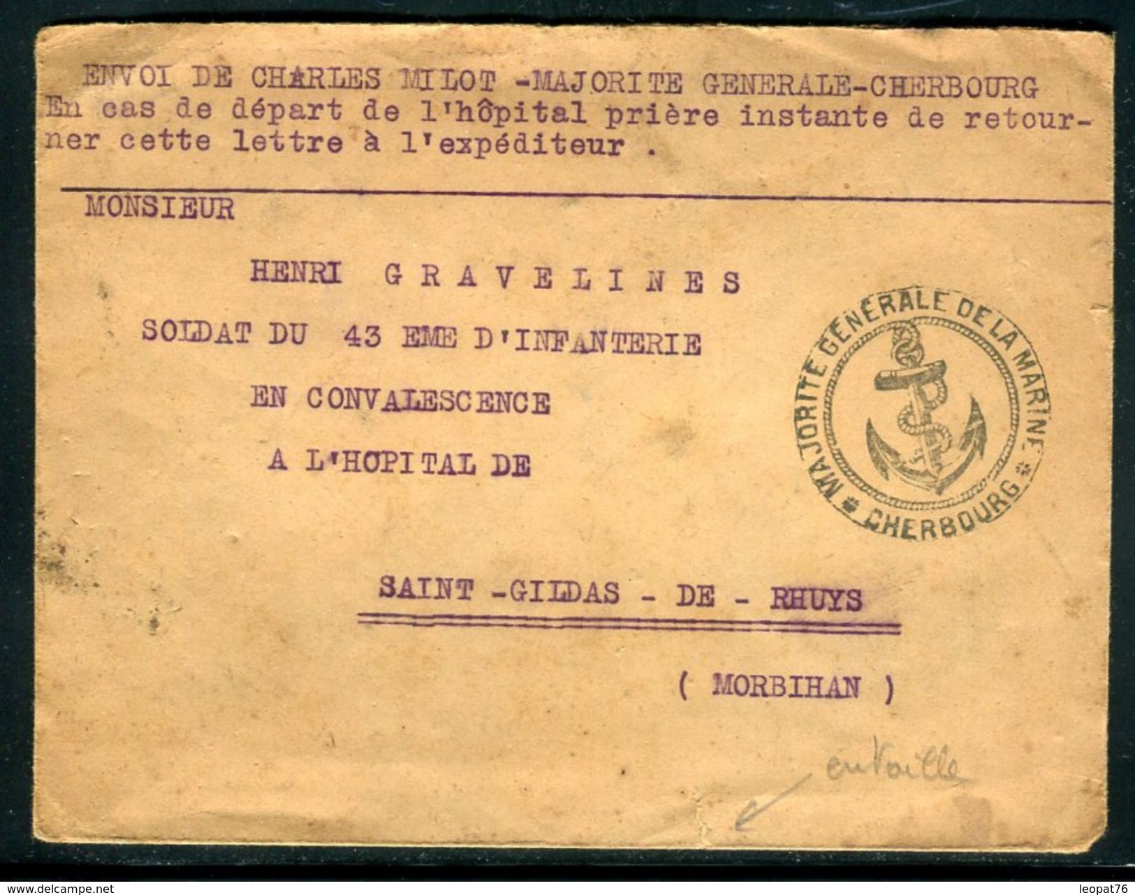 France - Env. En FM De Cherbourg Pour Saint Gildas De Rhuys En 1915 , Cachet Ancre De Marine Majorité Générale- Ref N 31 - Posta Marittima