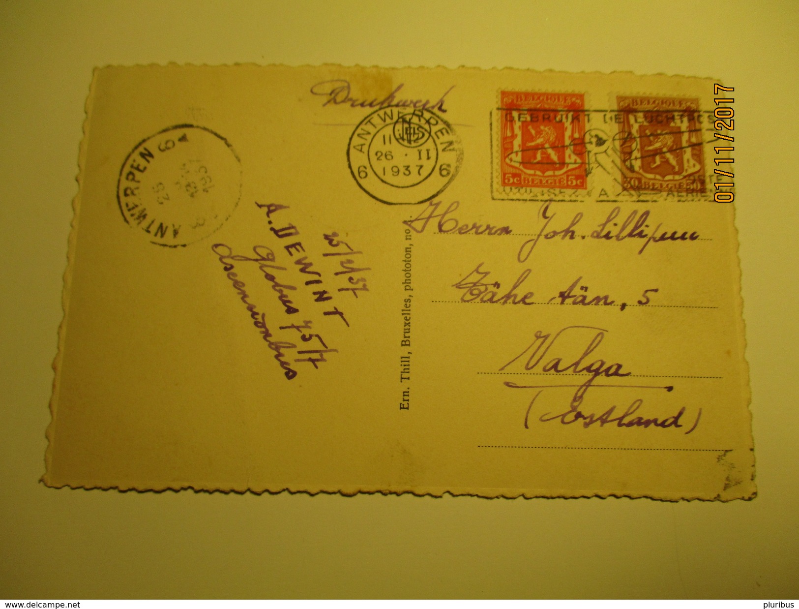 BELGIUM 1937 ANTWERPEN  TO ESTONIA  LUCHTPOST AIR MAIL   , OLD POSTCARD , RA - Other & Unclassified