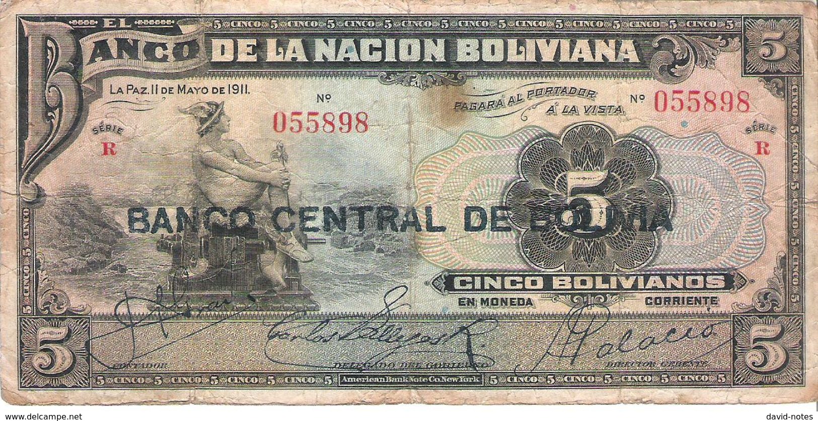 Bolivia - Pick 113 - 5 Bolivianos 1929 - VG+ - Bolivia