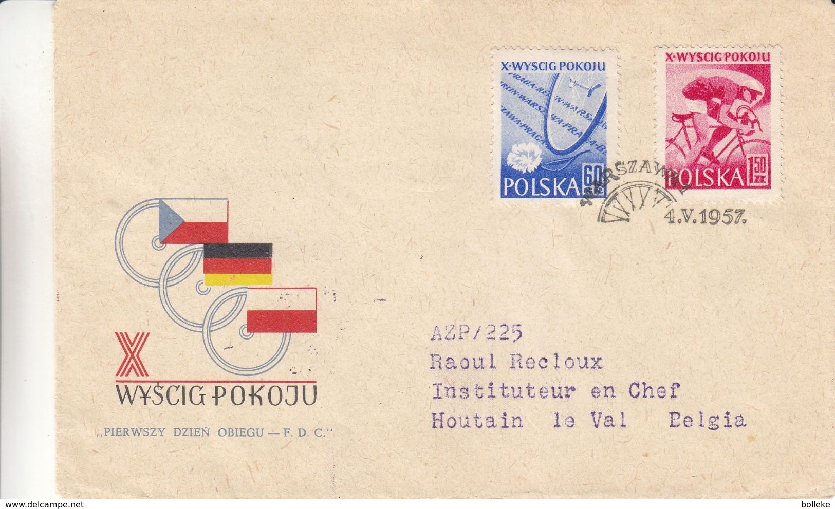 Pologne - Lettre De 1957 - Oblit Warszawa - Exp Vers Houtainle Val - Cyclisme - Cachet De Bruxelles - Lettres & Documents