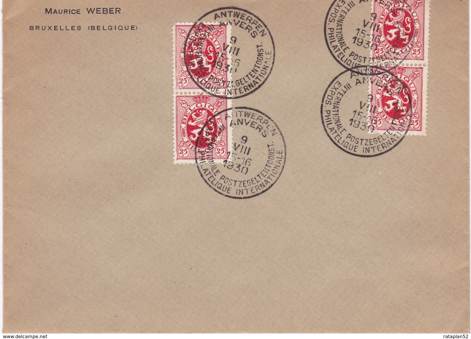Afstempeling Op Brief Van Postzegel 282 ( 4 X) . Met Speciale Poststempel Antwerpen Philatelique 9 - VIII -1930 - Herdenkingsdocumenten