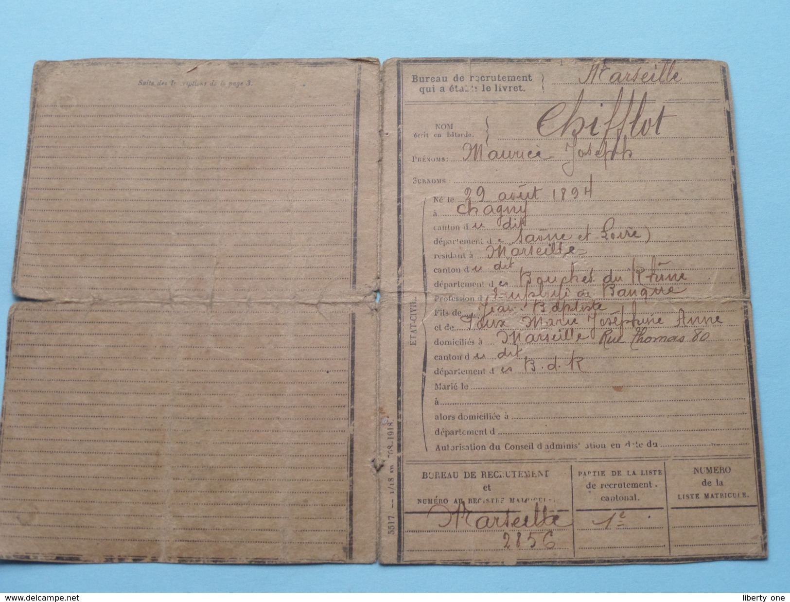 Bureau De Recrutement MARSEILLE (2856) : CHIFFLOT Maurice Né 1894 - Classe 1914 - Anno 1918 ( Zie Foto's ) ! - Zonder Classificatie