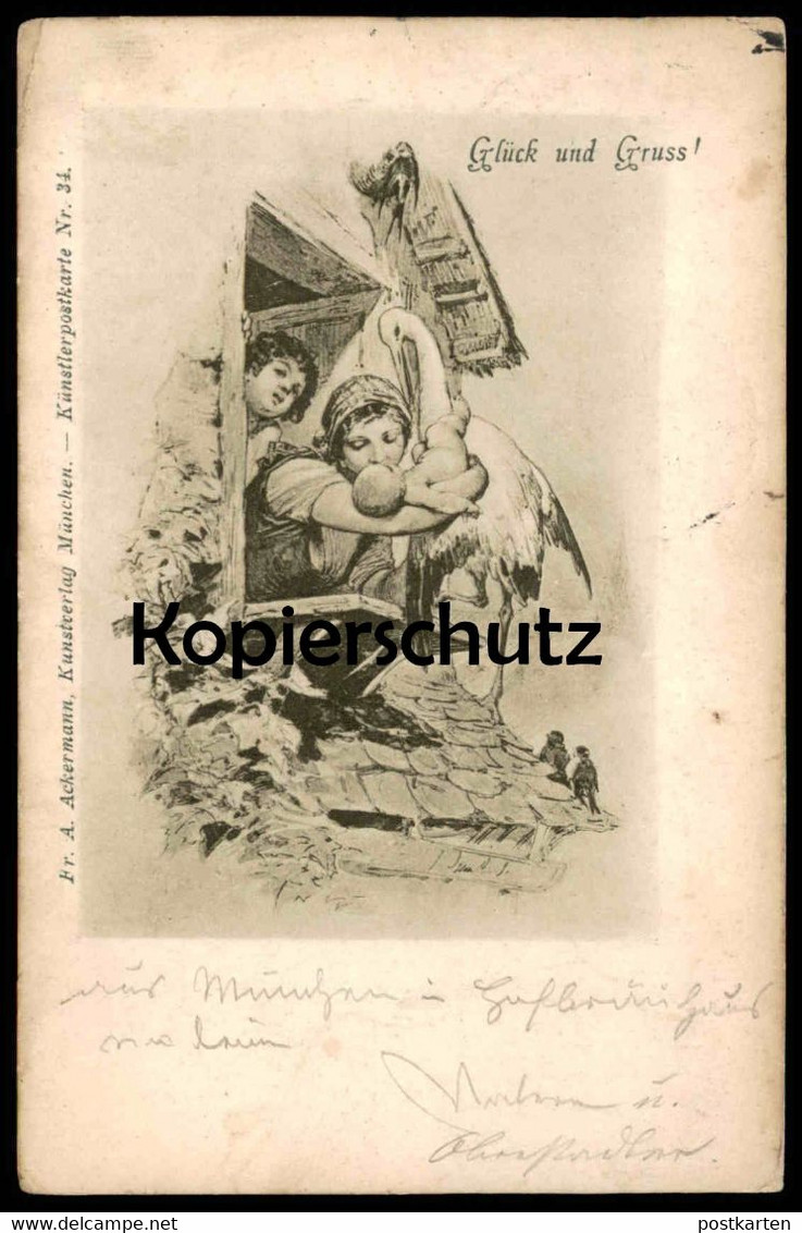 ALTE POSTKARTE GLÜCK UND GRUSS 1898 STORCH BABY GEBURT KIND Child Birth Stork Cpa AK Ansichtskarte Postcard - Geburt