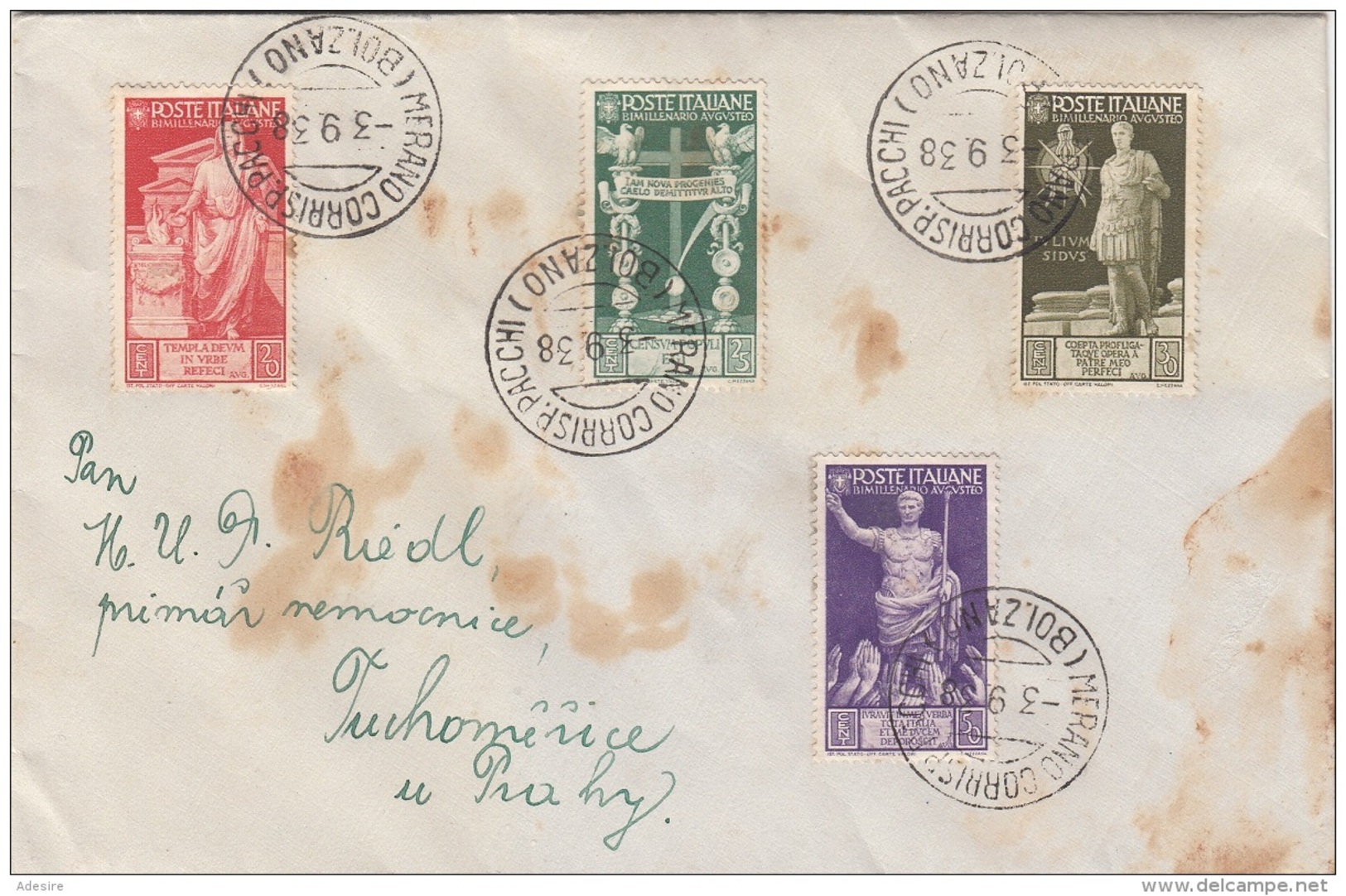 ITALIEN Brief 1938 - 4 Sondermaken Frankatur Gel.v.Merano N.Prag, Brief Fleckig - Luftpost