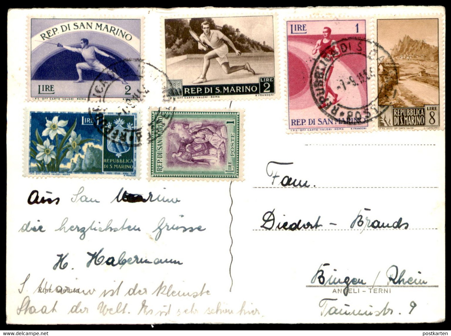 ÄLTERE POSTKARTE SAN MARINO PALAZZO DEL GOVERNO Briefmarken Fechten Fencing L'escrime Sport Tennis Stamps Stamp - Storia Postale