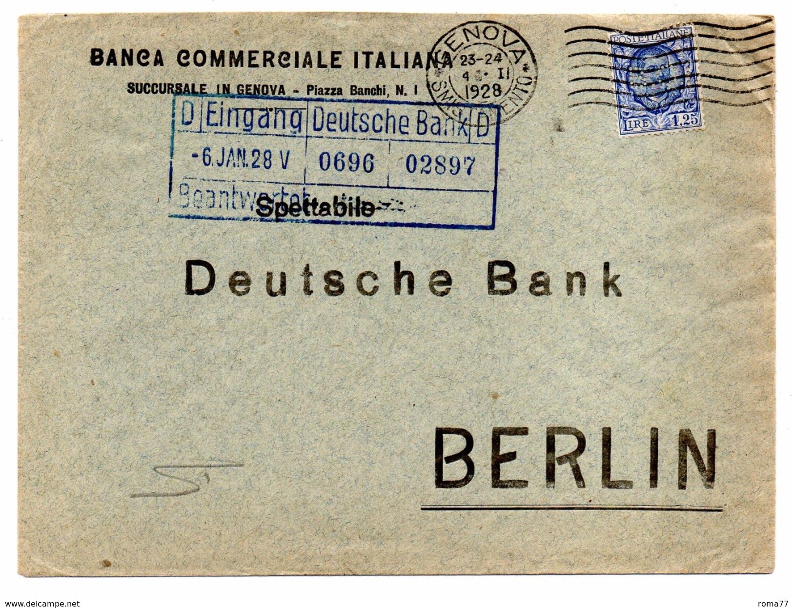 EDB7 - REGNO  1,25 Per La Germania. PERFIN BCI Banca Commerciale Italiana Del 1928 Suc Genova - Storia Postale