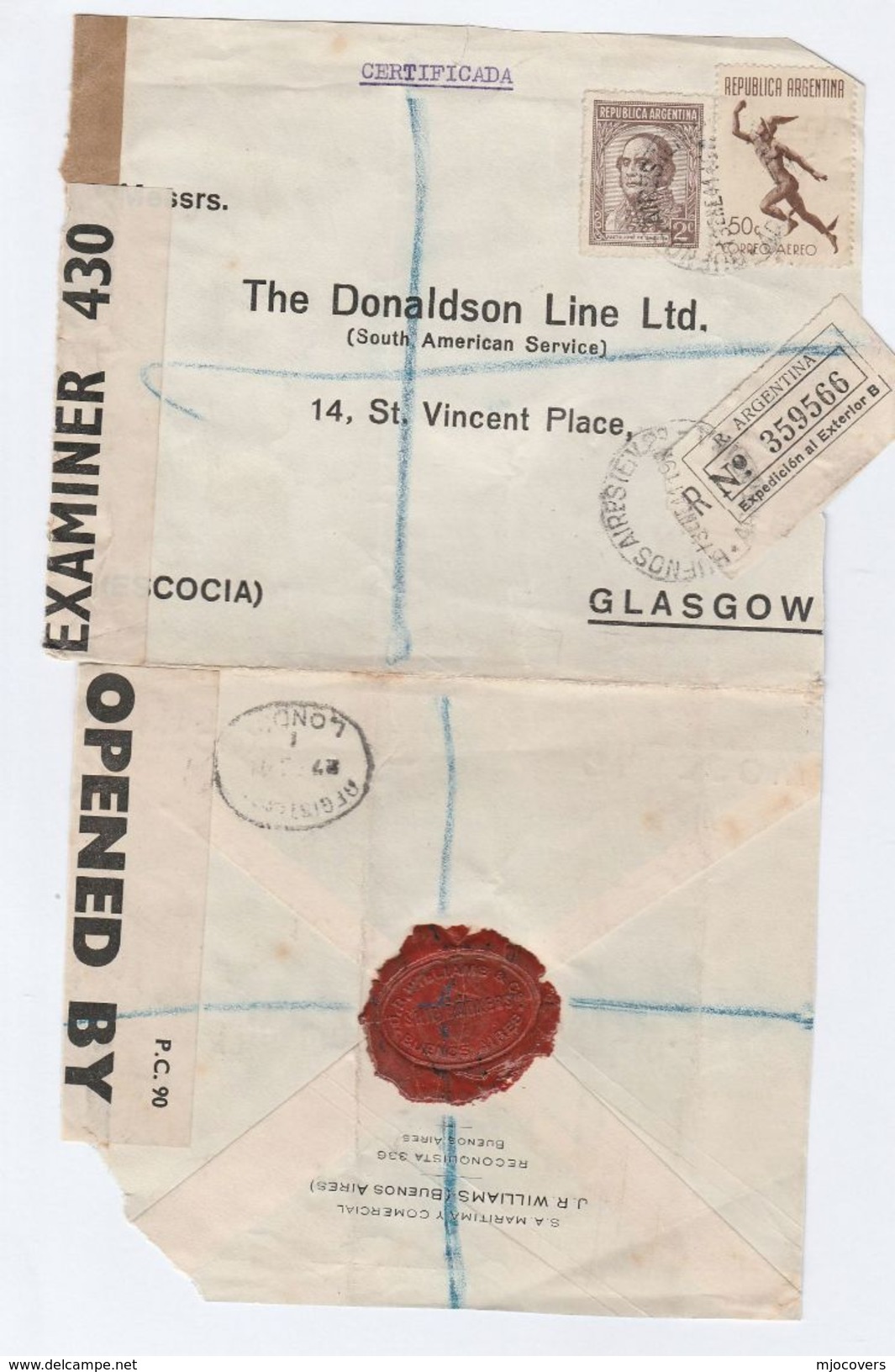 1941 Registered CENSOR ARGENTINA COVER With WAX SEAL Williams SHIP BROKERS To DONALDSON LINE GLASGOW GB Censored Wwii - Covers & Documents