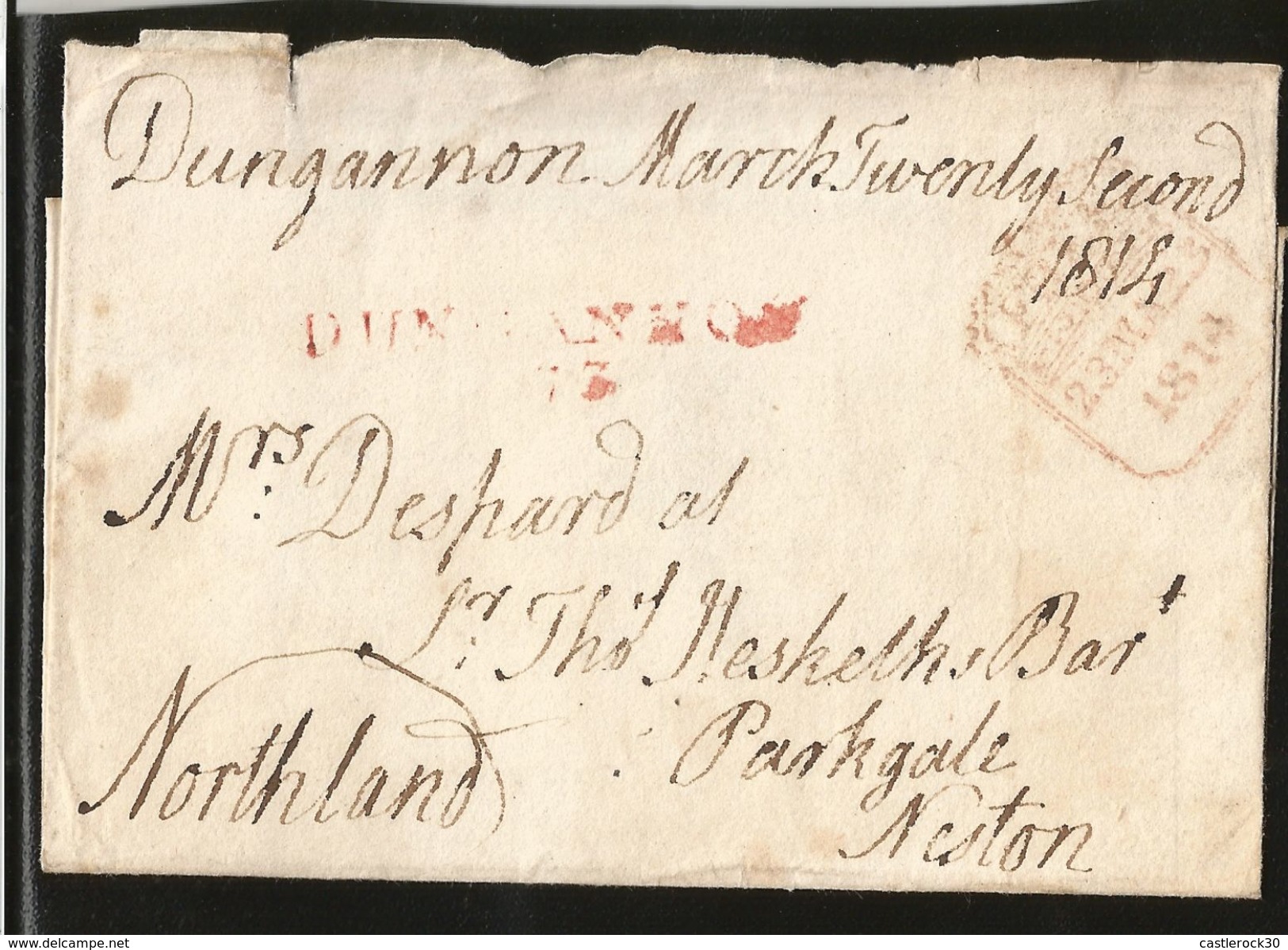 J) 1814 IRELAND, RED CANCELLATION CIRCULATED COVER FROM DUNGANNON TO NORTHLAND - Prephilately