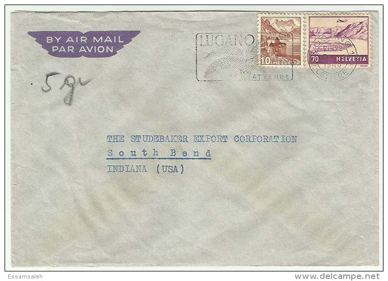 CHCV053 Switzerland 1940 Lugano Cover Tied 70c Airmail &amp; Definitive 10C Chillon Castle &amp; Slogan To Indiana USA - Other & Unclassified