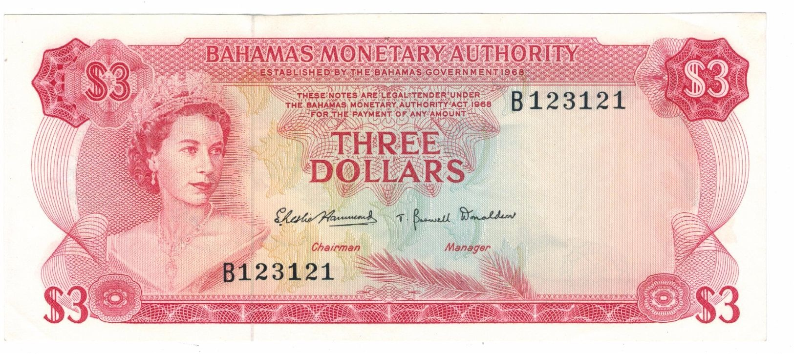 Bahamas 3 Dollars 1968, Aunc. Rare. - Bahamas