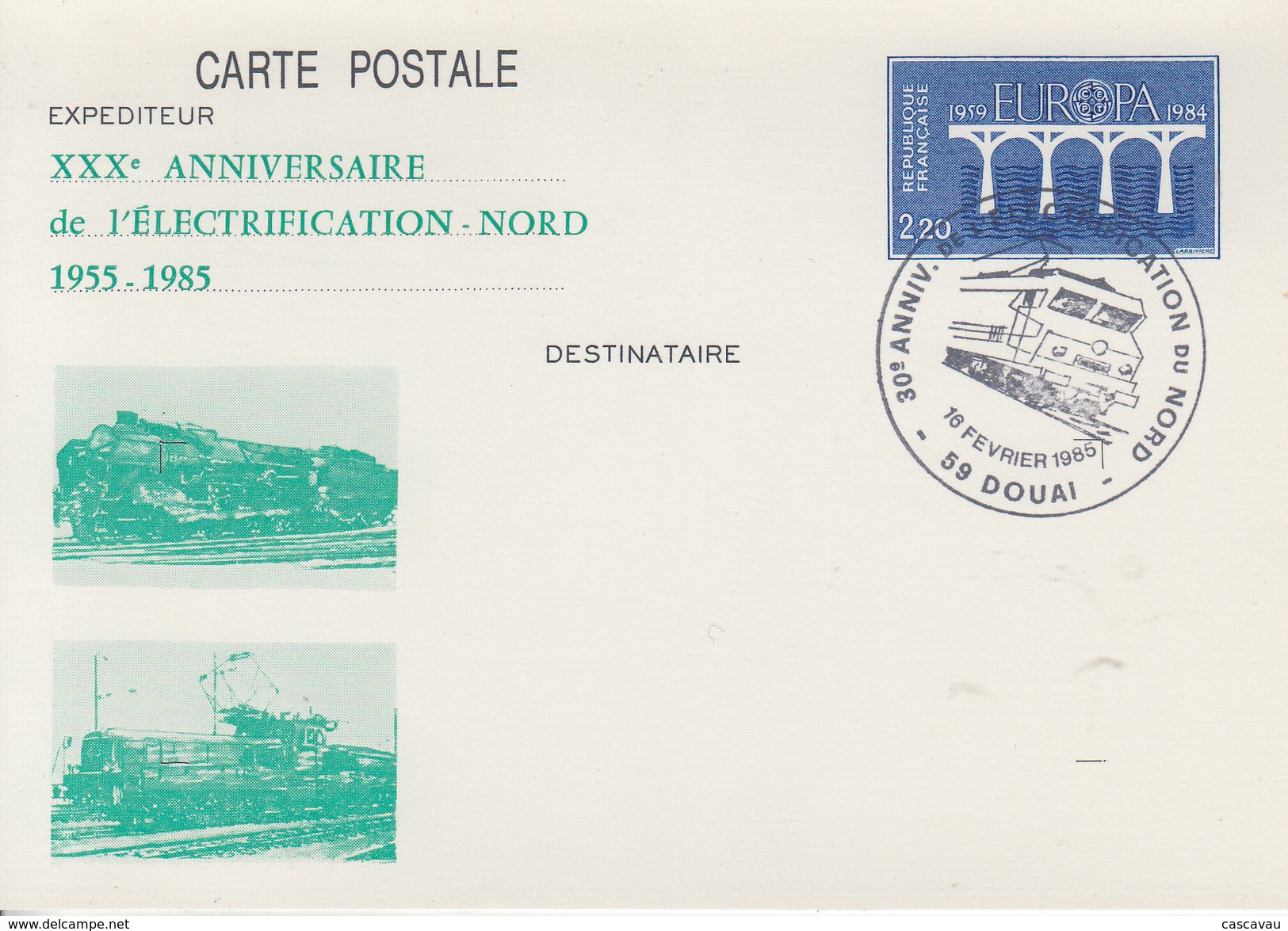 Carte   Entier  Postal  Repiqué   30éme  Anniversaire   ELECTRIFICATION   NORD   DOUAI   1985 - Trains