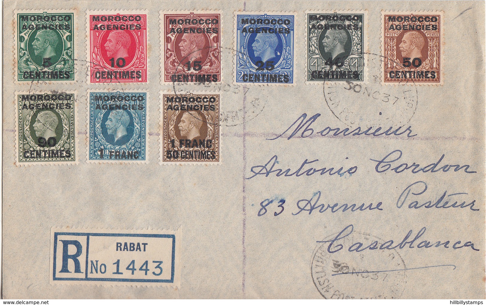 GREAT BRITAIN OFF IN MOROCCO   SCOTT NO.426-34  YEAR 1937 VERY SCARCE REGISTERED COVER,BACK STAMP,TANGIERS TO CASABLANCA - Oficinas En  Marruecos / Tanger : (...-1958