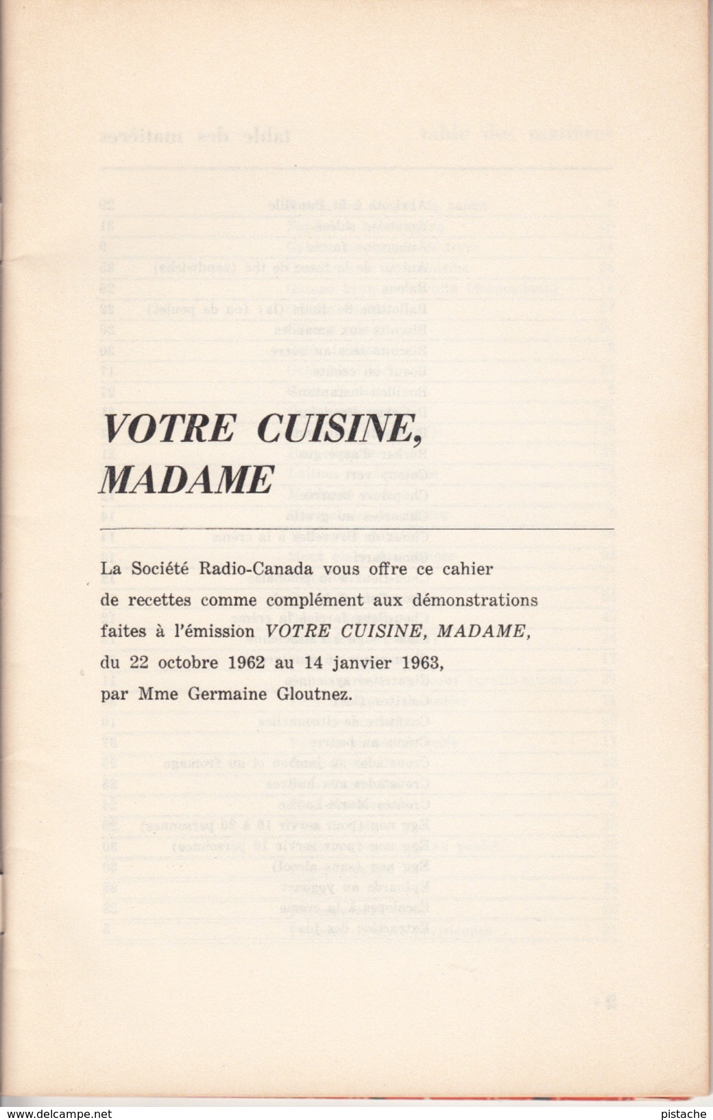 Livre Recettes Germaine Gloutnez 40 Pages Publié Par Radio-Canada En 1962 - État : TB - Gastronomie