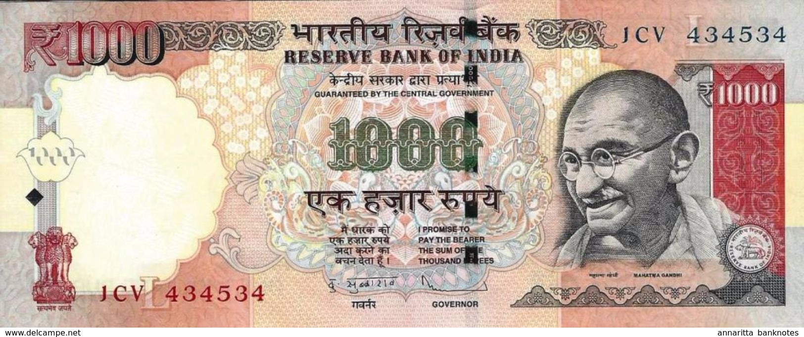 India (RBI) 1000 Rupees 2013 Plate Letter L UNC Cat No. P-107c / IN291c - Inde
