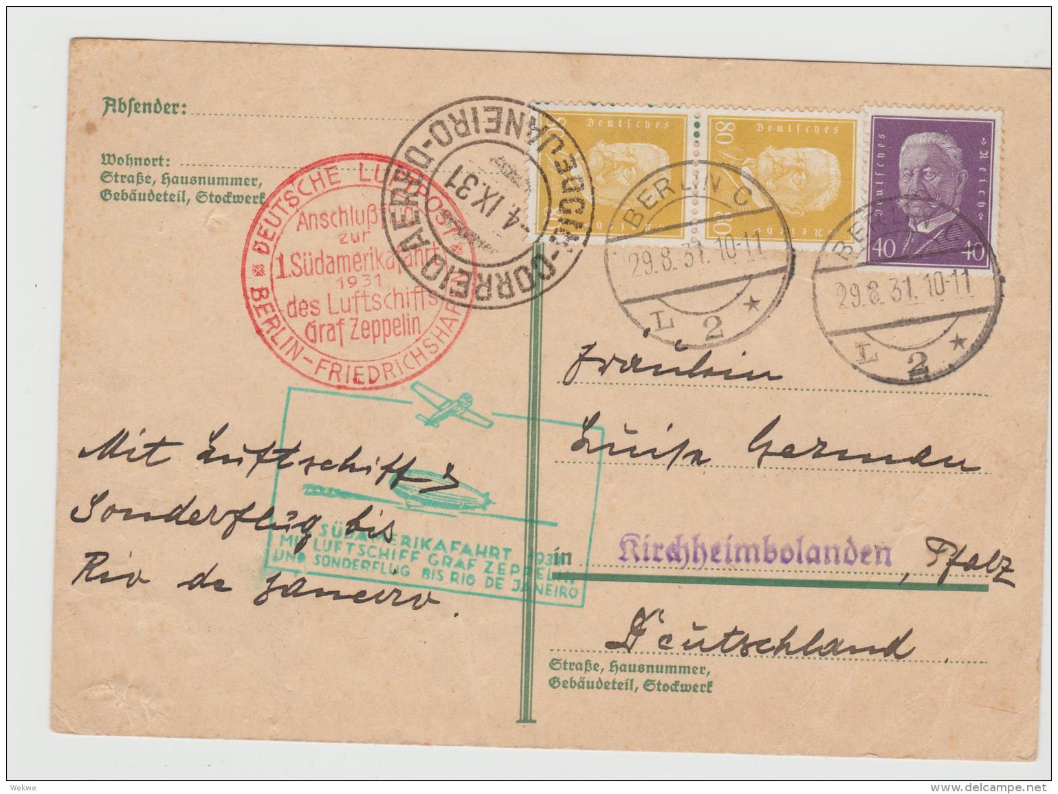 W-L073 / DEUTSCHES REICH -  Luftschiff Graf Zeppelin,  Südamerikafahrt Mit Anschlussflug Berlin 29.8.31 - Briefe U. Dokumente