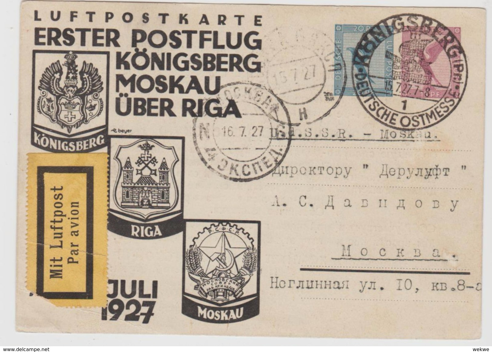 W-L074 / DEUTSCHES REICH -  Erster Postflug,  Königsberg   - Moskau, Anlässlich Der Ostmesse 15.7.27 - Briefe U. Dokumente