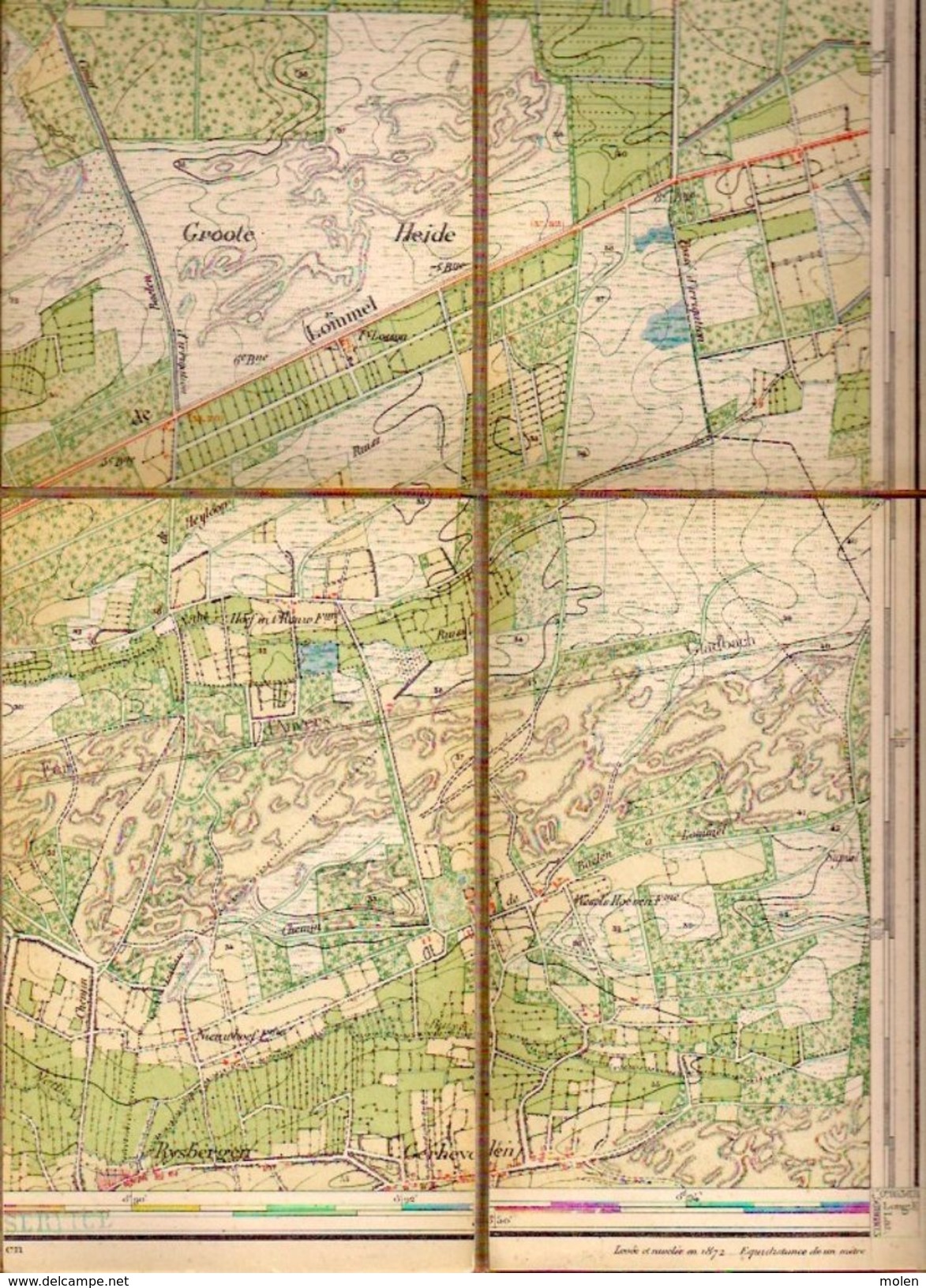 Oude Militaire STAFKAART 17/2 Op Linnen Situatie 1872 MOL DESSEL GINDERBUITEN BOSHOEK RIJSBERGEN Kaart ANTIQUARIAAT S817 - Mol