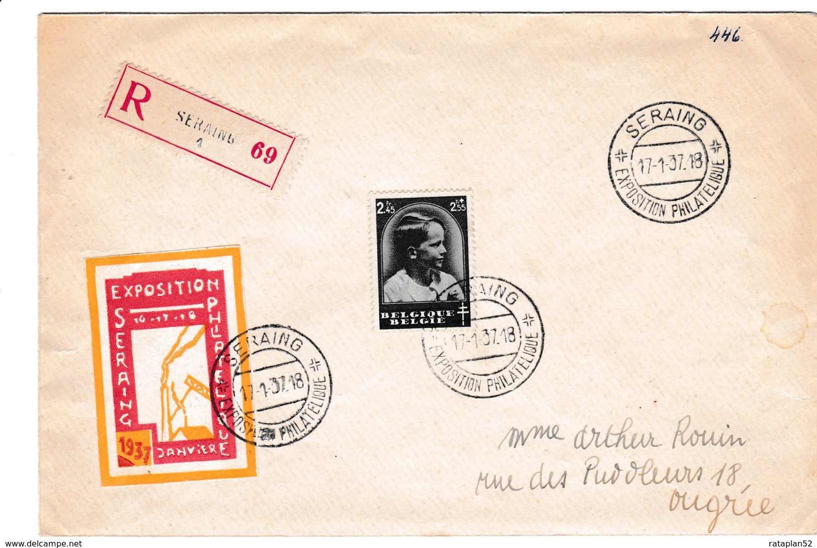 Brief Met Zegel 446 Aangetekend Met Speciale Poststempel SERAING 17-1-37 - Enveloppes-lettres