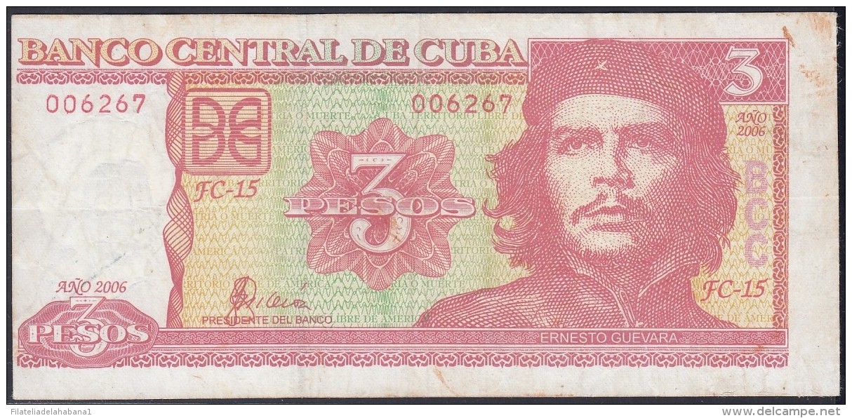 2006-BK-135 CUBA 2006 3$ ERNESTO CHE GUEVARA CUT ERROR No.006267. USED - Cuba