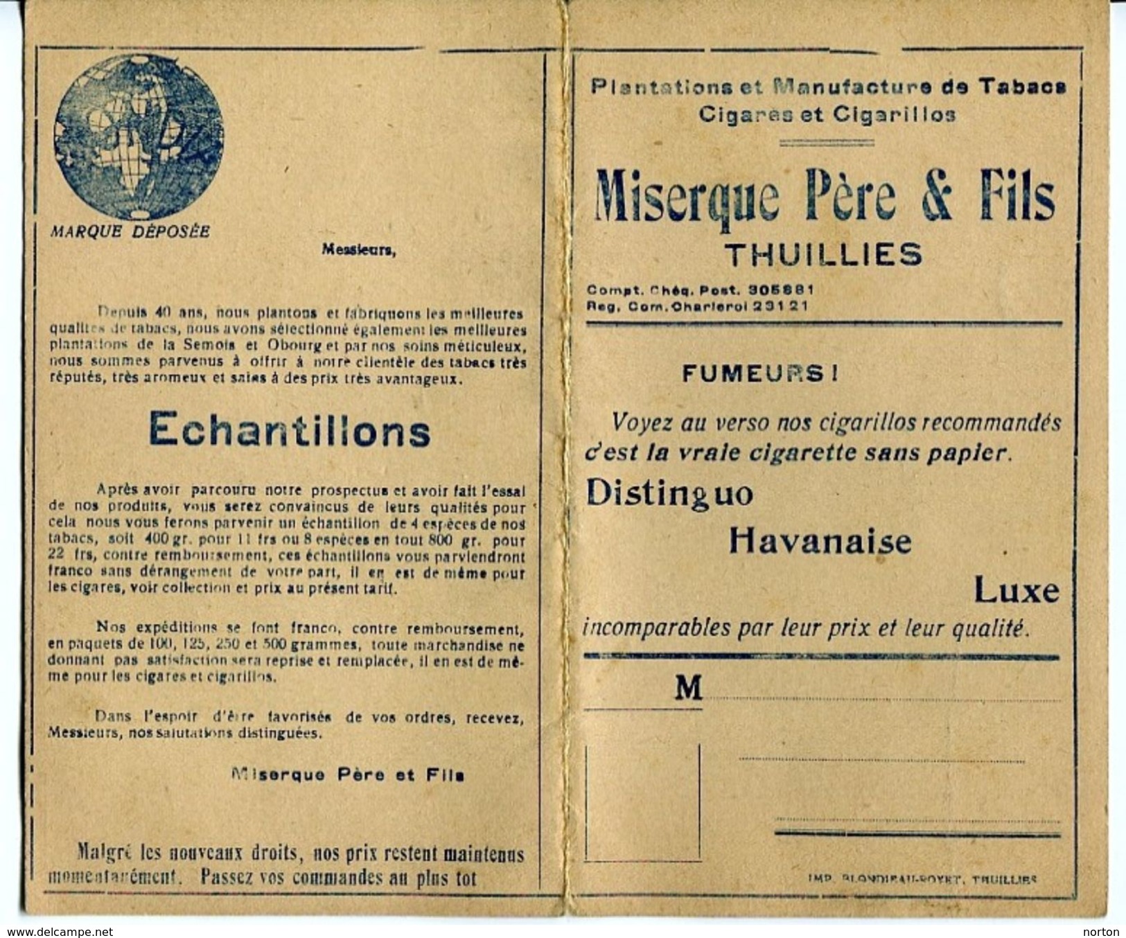 Thuillies Carte Pub. Plantation Et Manufacture De Tabacs Miserque Père Et Fils Vers 1933 Obourg Semois - Verzamelingen