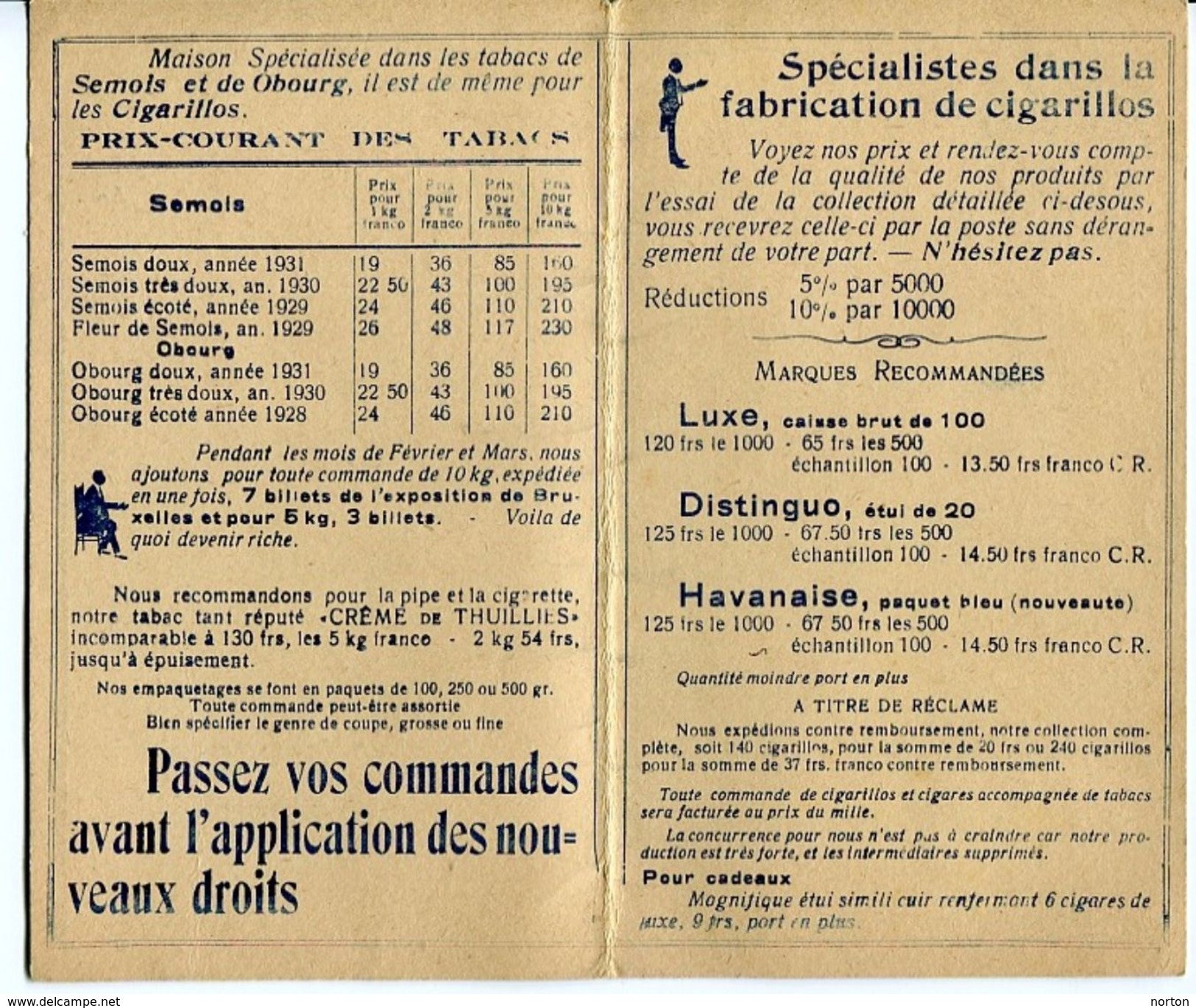 Thuillies Carte Pub. Plantation Et Manufacture De Tabacs Miserque Père Et Fils Vers 1933 Obourg Semois - Verzamelingen