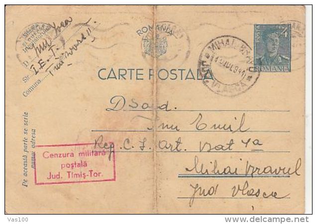 KING MICHAEL, POSTAL MILITARY CENSORSHIP- TIMIS COUNTY, PC STATIONERY, ENTIER POSTAL, 1941, ROMANIA - Covers & Documents