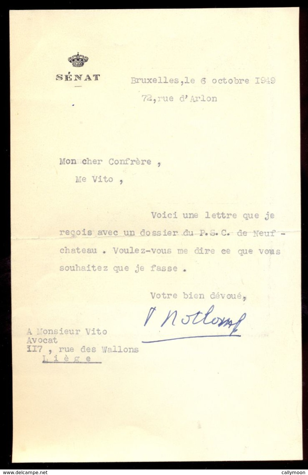 Lettre Du Baron Pierre Nothomb, Sénateur - 1949. - Autres & Non Classés