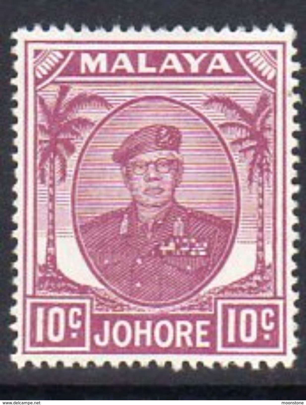 Malaya Johore 1949-55 Sultan Sir Ibrahim 10c Magenta Definitive, Hinged Mint, SG 139 - Johore