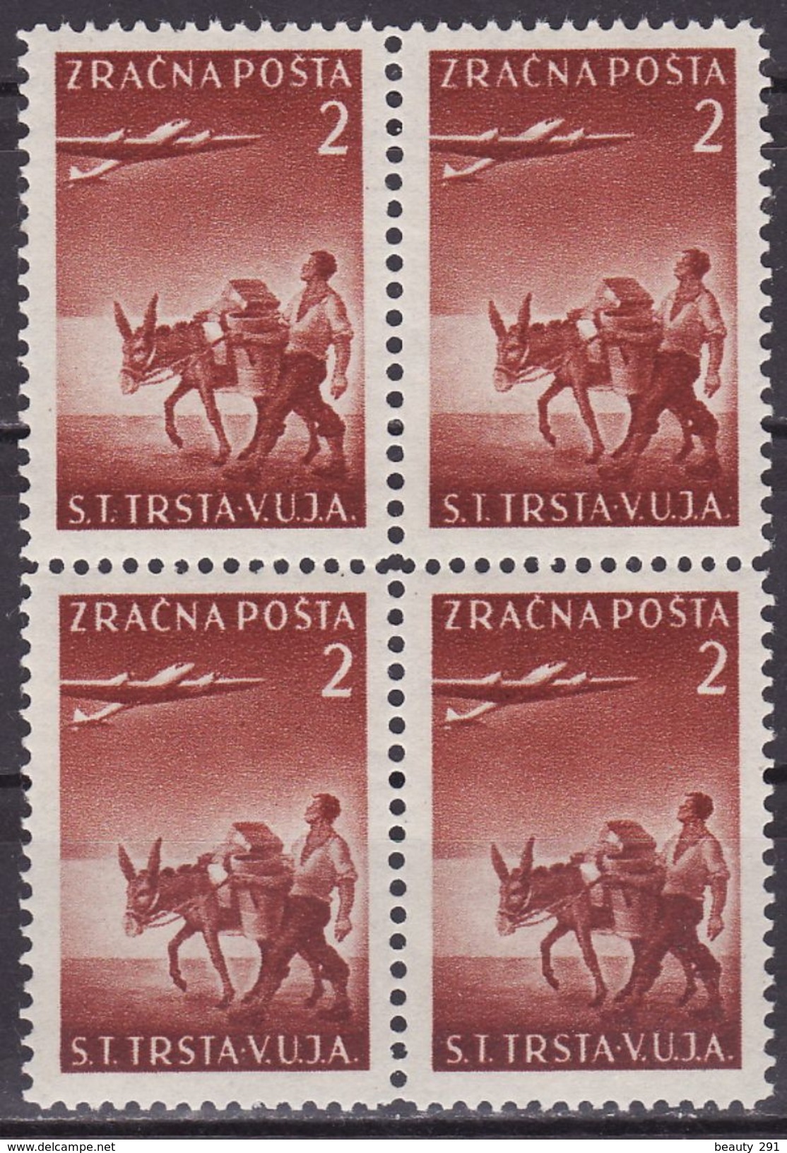 Italy Yugoslavia Trieste Zone B, Airmail, 1949 Mi 6, Sassone 4  MNH** VF  Block Of 4  12-1/2 - 11-1/2 DONKEY - Poste Aérienne