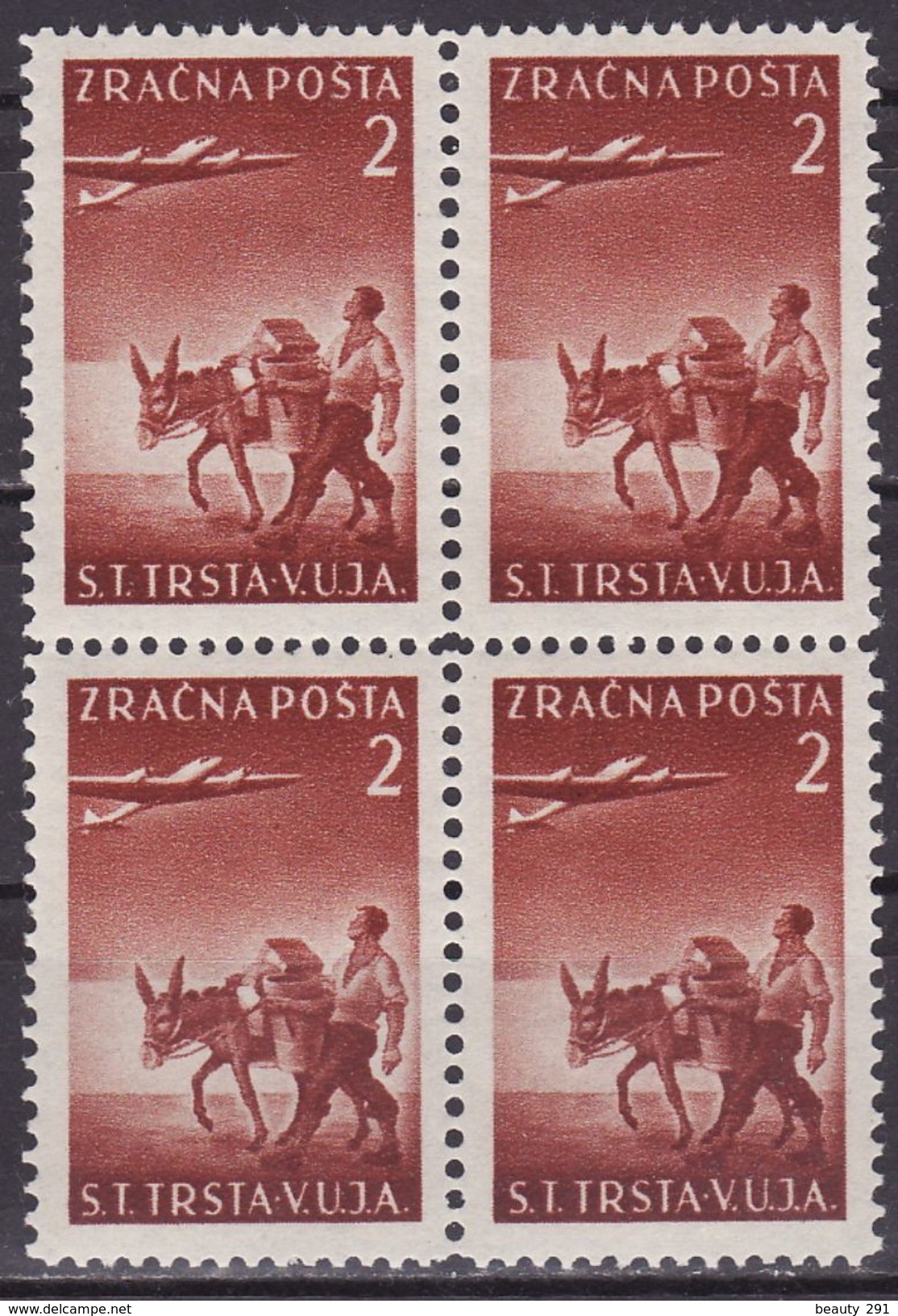 Italy Yugoslavia Trieste Zone B, Airmail, 1949 Mi 6, Sassone 4  MNH** VF  Block Of 4  12-1/2 - 11-1/2 DONKEY - Luchtpost