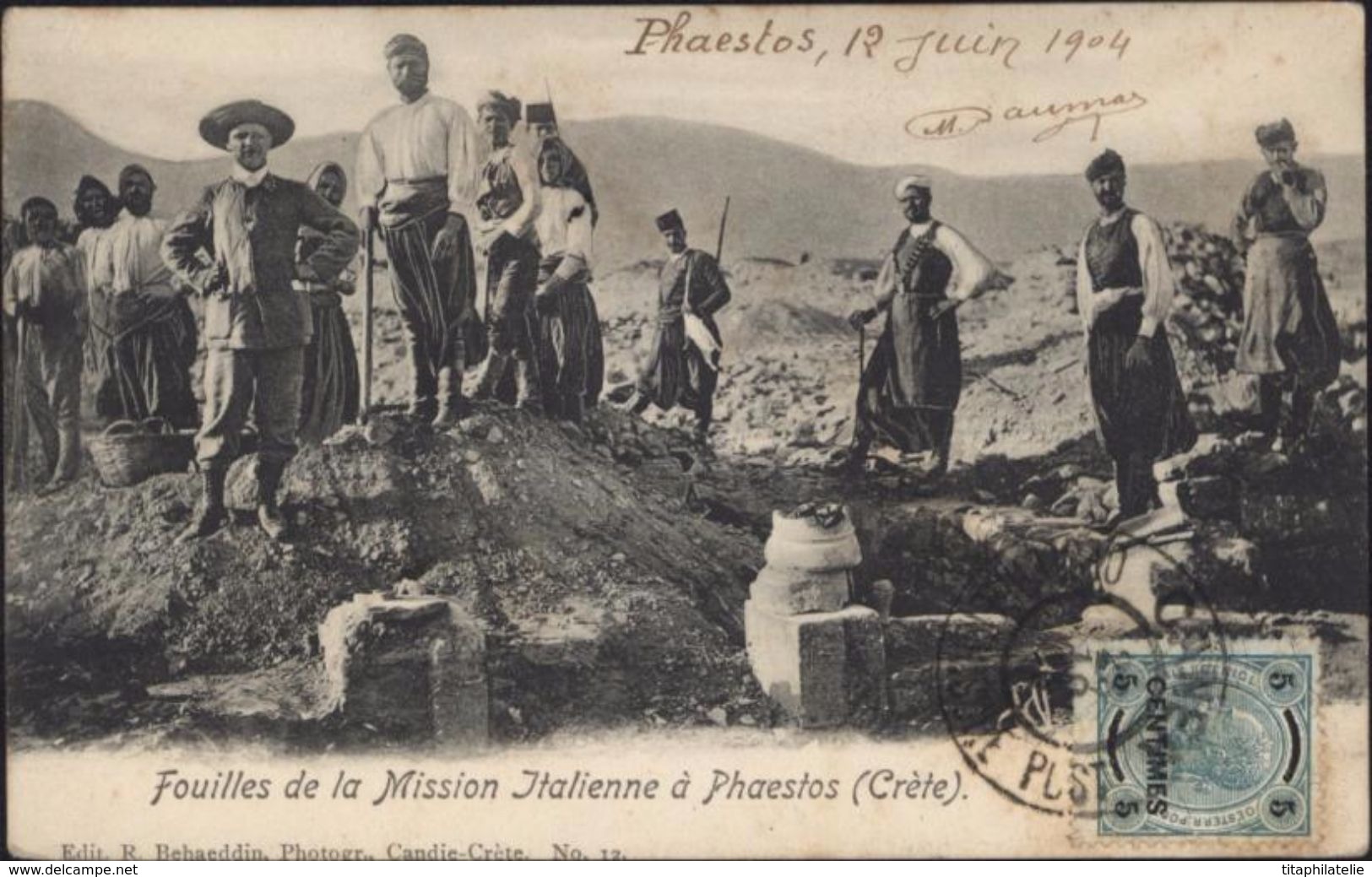 CPA Fouille Mission Italienne à Phaestos Crète YT 1 Bureau Autrichien En Crète CAD Canea Oesterreichische Post 1904 - Grecia