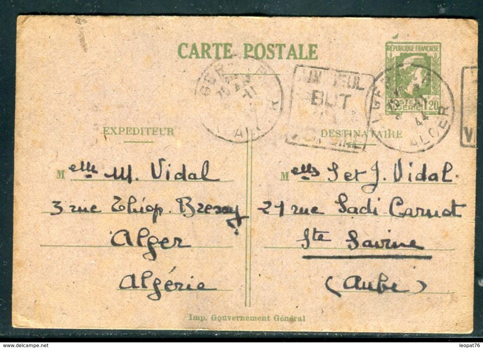 Algérie - Entier Postal Type Marianne D 'Alger De Alger Pour Ste Savine En 1944 - Ref N 84 - Storia Postale