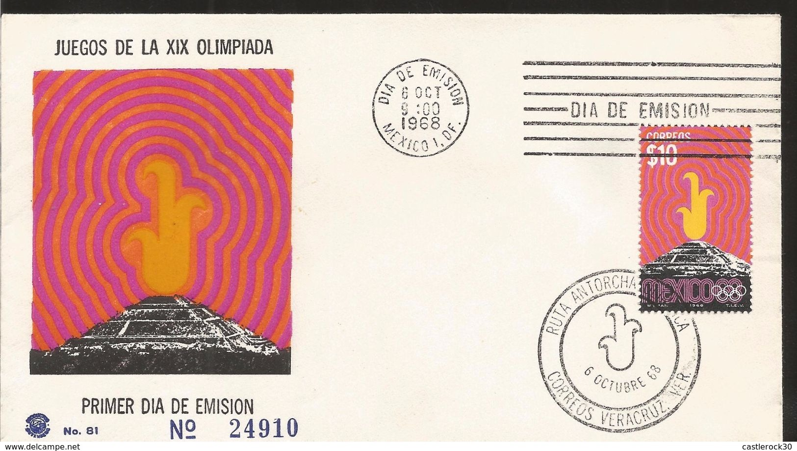 RA) 1968 MEXICO, OLYMPIC TOURCH, PYRAMID OF THE SUN OF TEOTIHUACAN, ROUTE OF THE OLYMPIC TORCH, CONMEMORATIVE, FDC. - Mexico