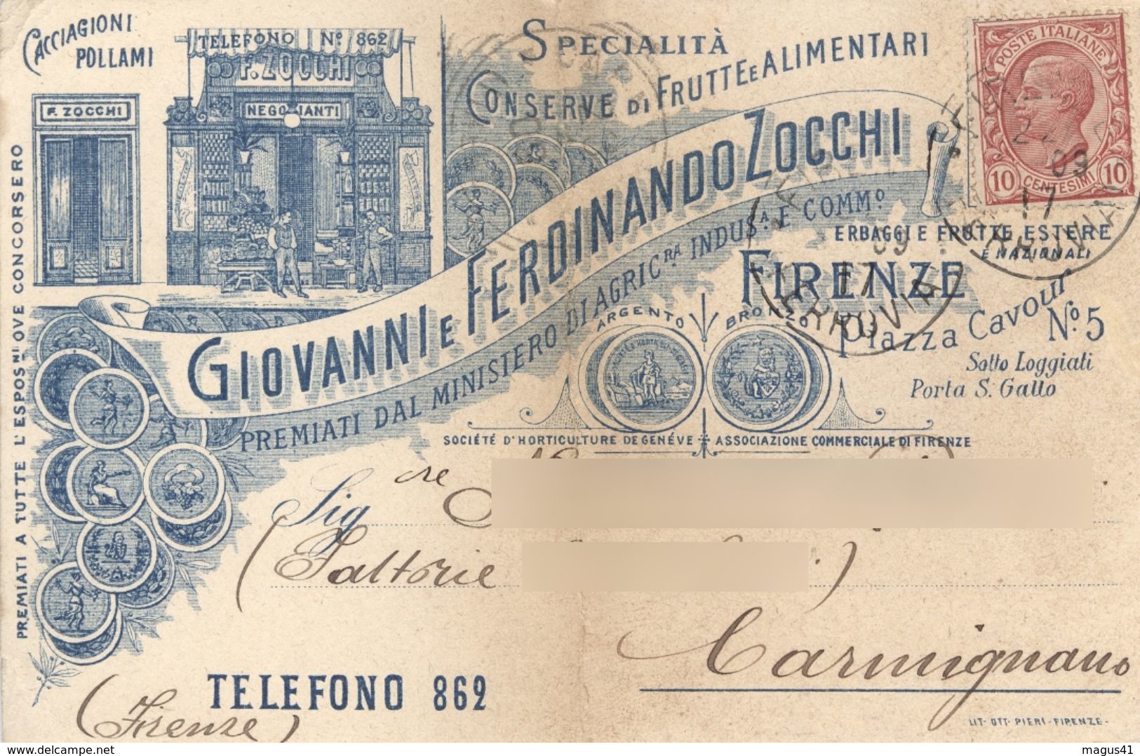 FIRENZE - DITTA GIOVANNI E FERDINANDO ZOCCHI CONSERVE FRUTTA ALIMENTARI - CARTOLINA COMMERCIALE - VG 1909 - Firenze