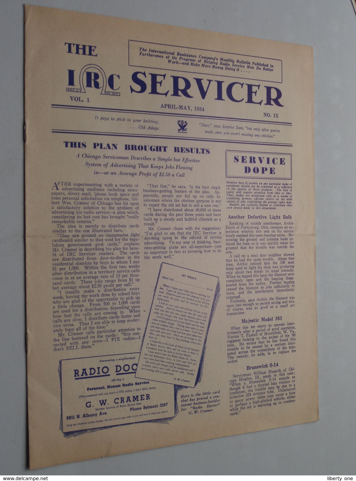 The IRC Servicer ( The International Resistance Company ) Monthly Bulletin / Helping Radio Serviceman 1934 N° IX - Literature & Schemes