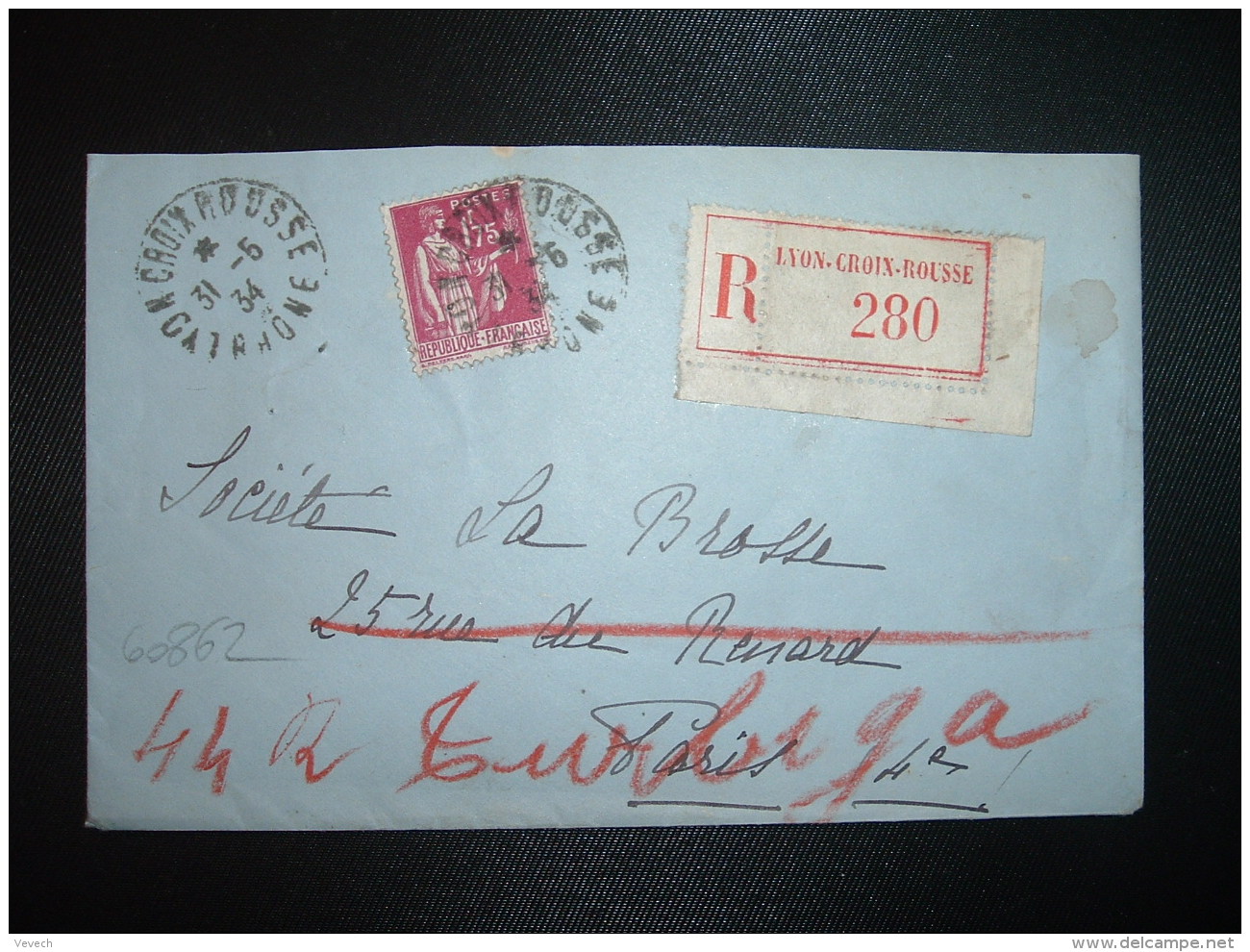 LR TP PAIX 1F75 OBL.31-5-34 LYON CROIX ROUSSE RHONE (69) - Postal Rates