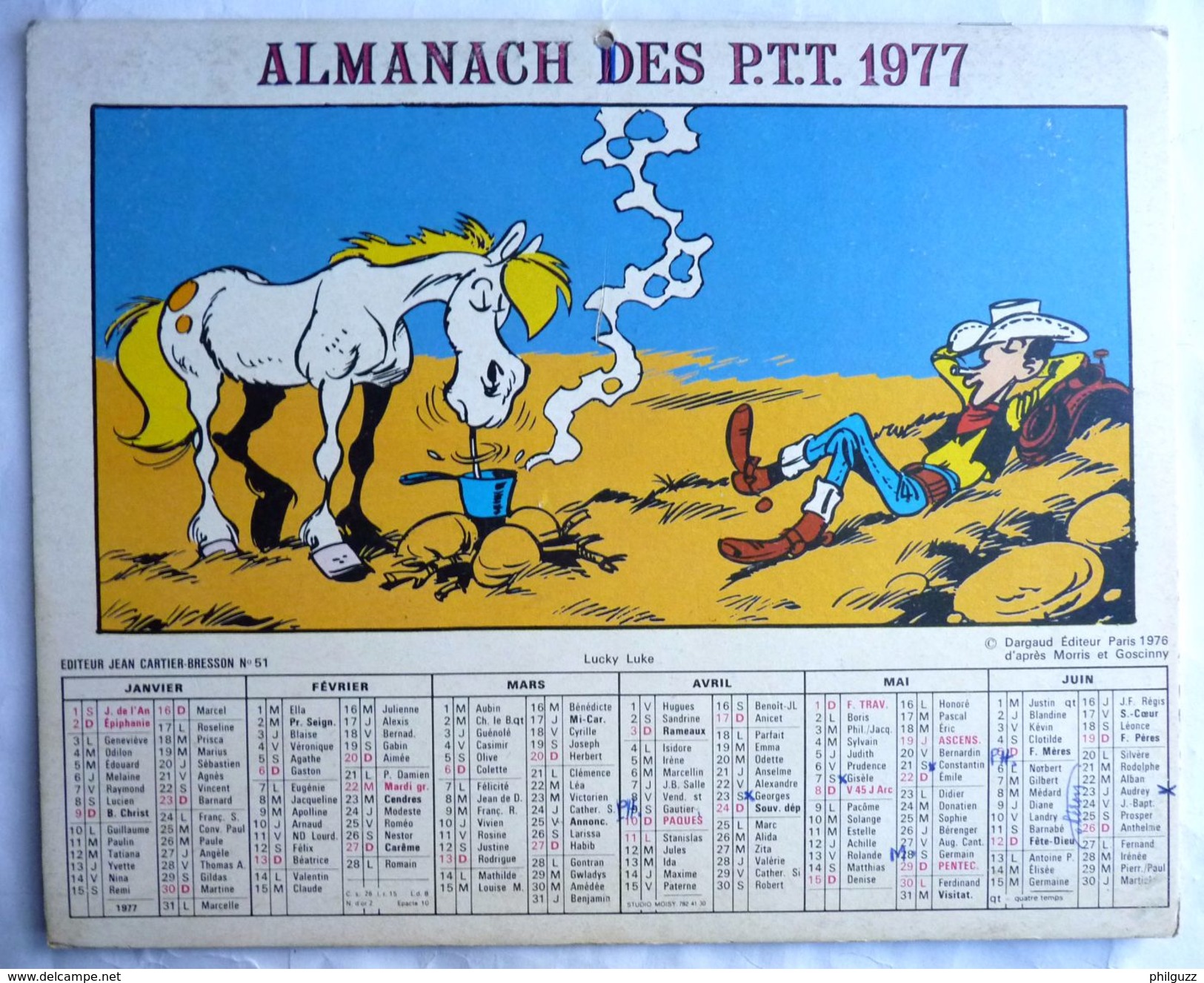CALENDRIER ALMANACH DES PTT 1977 LUCKY LUKE - MORRIS - Agendas & Calendarios